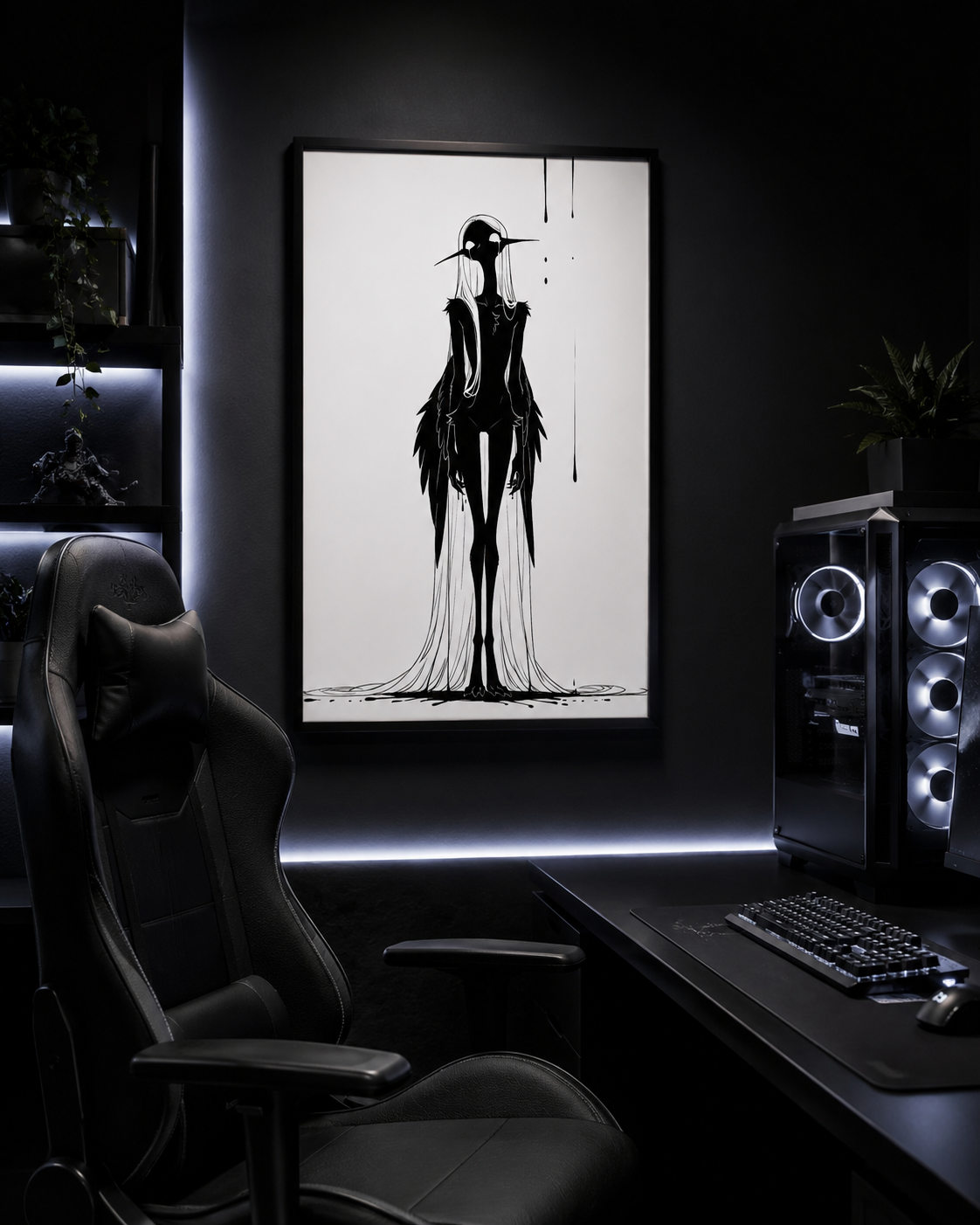 Affiche dark fantasy Attendrie, grue anthropomorphe noir et blanc debout de face visage dédoublé, manteau de plumes sombres, pluie d'encre, collection Les silences qu'on porte