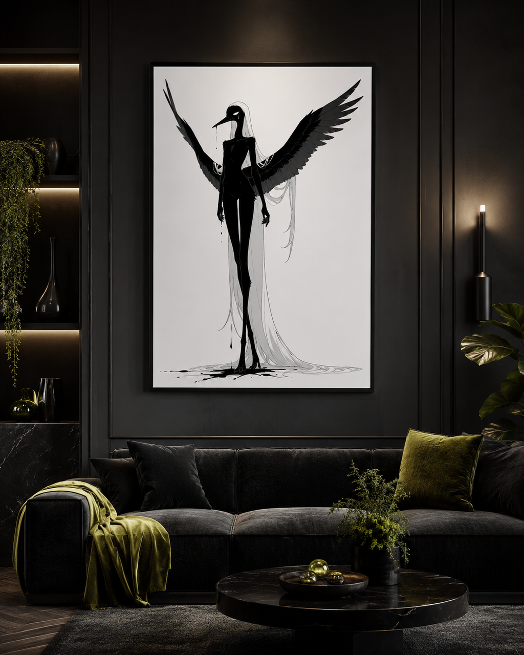 Affiche dark fantasy Attendrie, grue anthropomorphe noir et blanc debout ailes asymétriques déployées en plein élan, encre au bec et aux doigts, collection Les silences qu'on porte