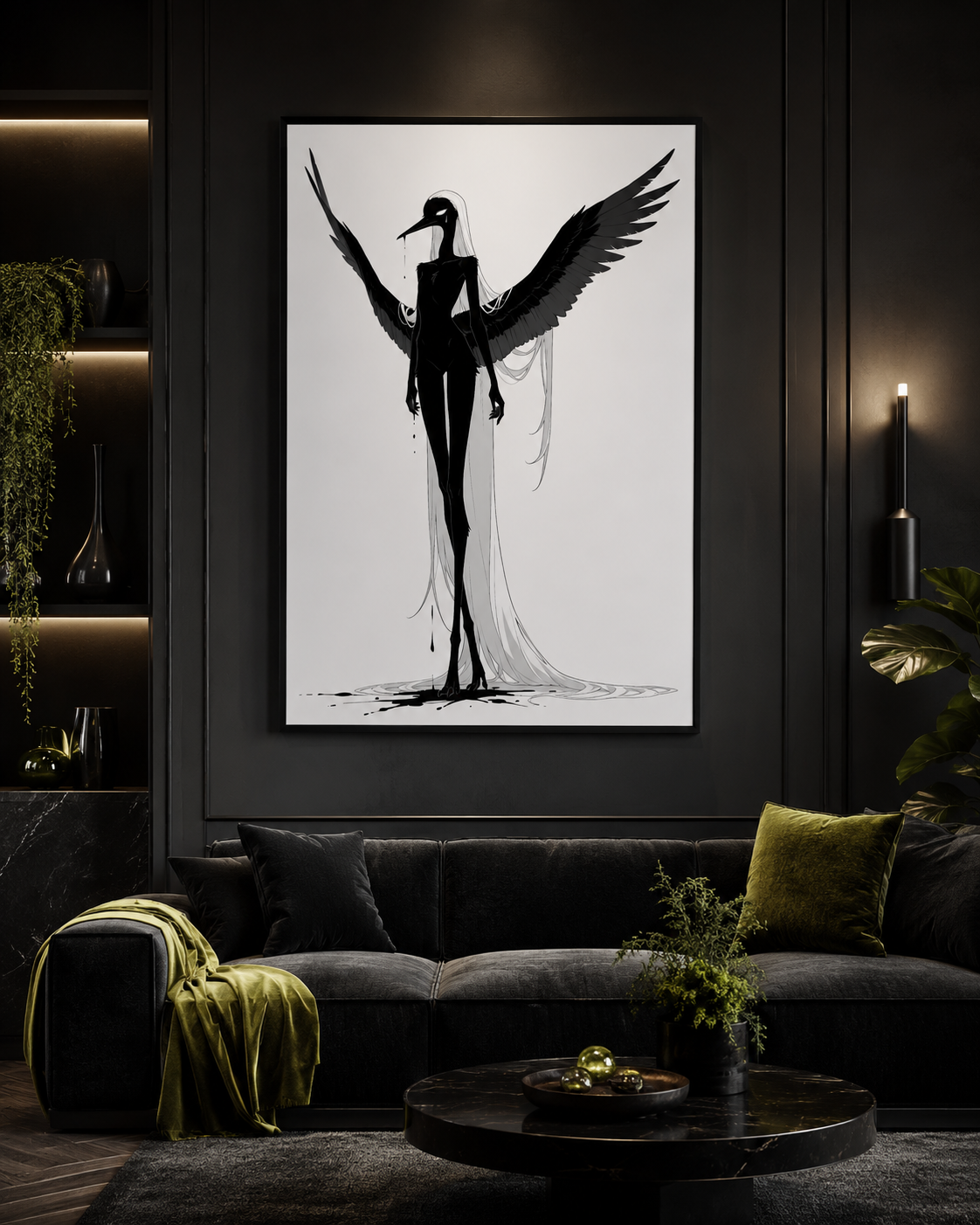 Affiche dark fantasy Attendrie, grue anthropomorphe noir et blanc debout ailes asymétriques déployées en plein élan, encre au bec et aux doigts, collection Les silences qu'on porte