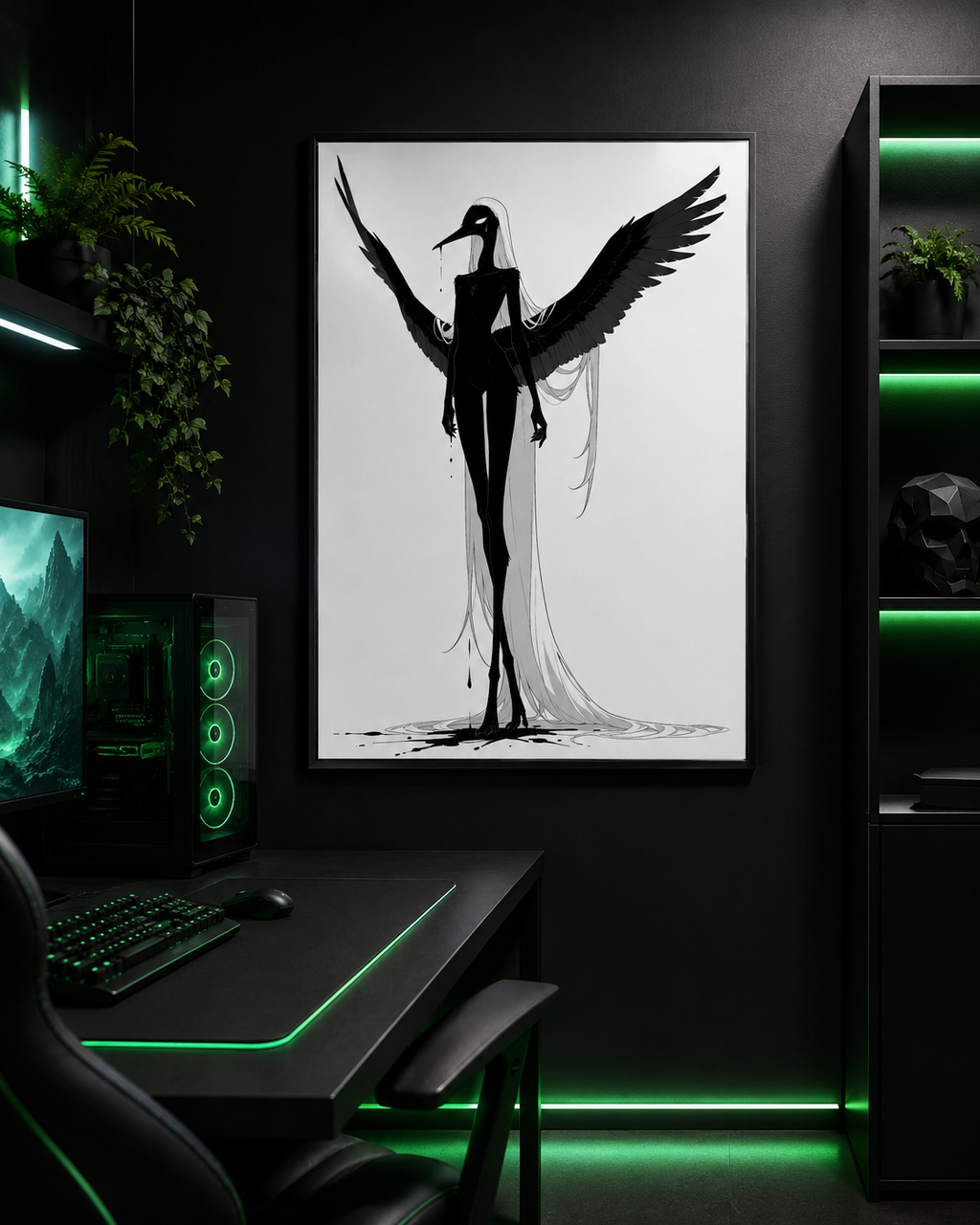 Affiche dark fantasy Attendrie, grue anthropomorphe noir et blanc debout ailes asymétriques déployées en plein élan, encre au bec et aux doigts, collection Les silences qu'on porte