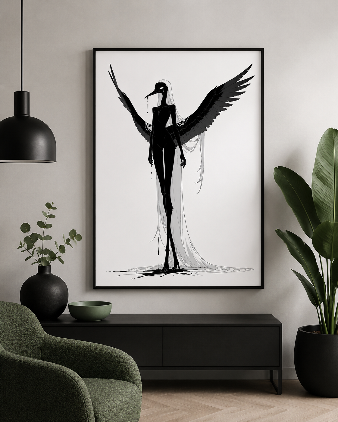 Affiche dark fantasy Attendrie, grue anthropomorphe noir et blanc debout ailes asymétriques déployées en plein élan, encre au bec et aux doigts, collection Les silences qu'on porte