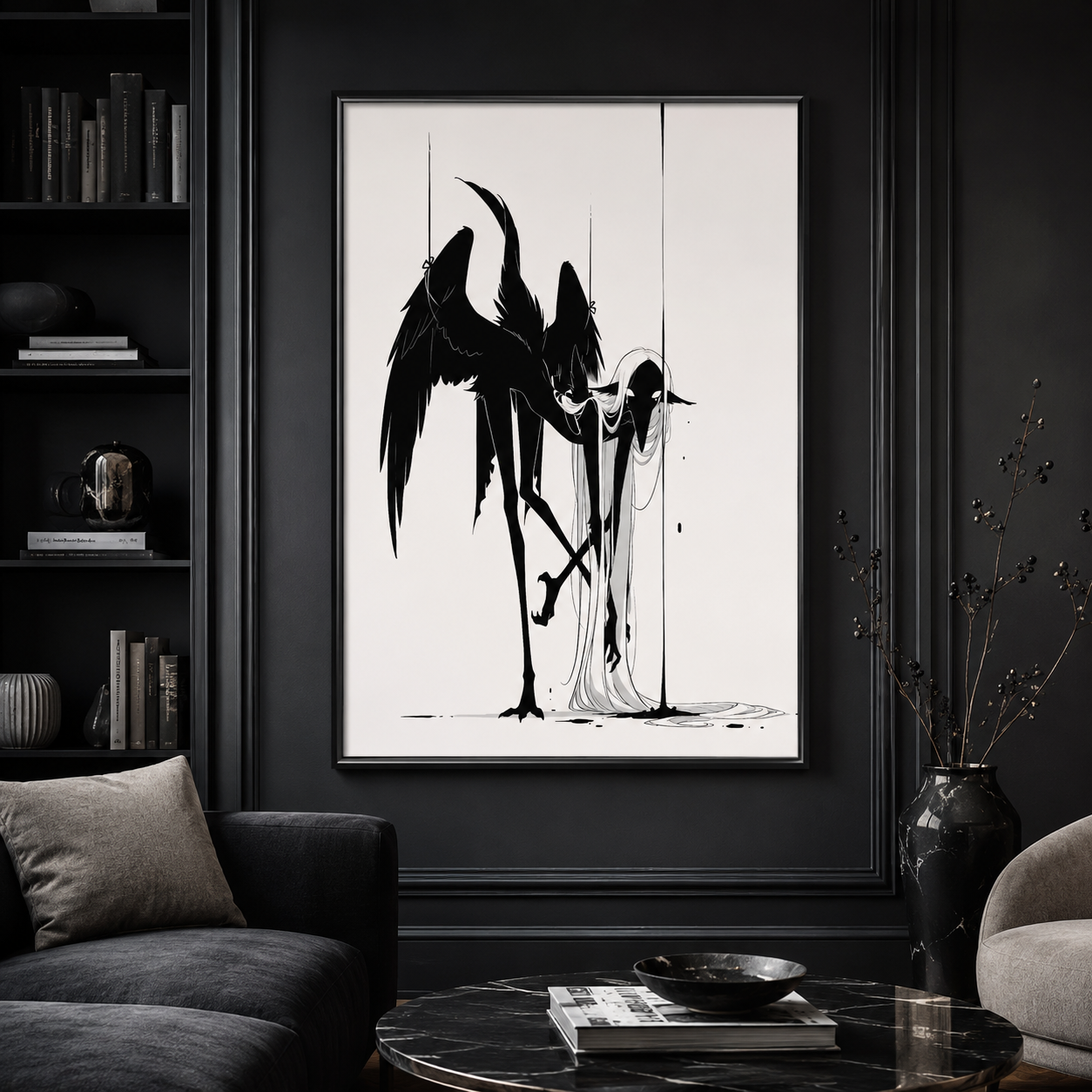 Affiche dark fantasy Attendrie, grue anthropomorphe noir et blanc repliée tête basse jambes croisées, ailes retenues par des fils, collection Les silences qu'on porte