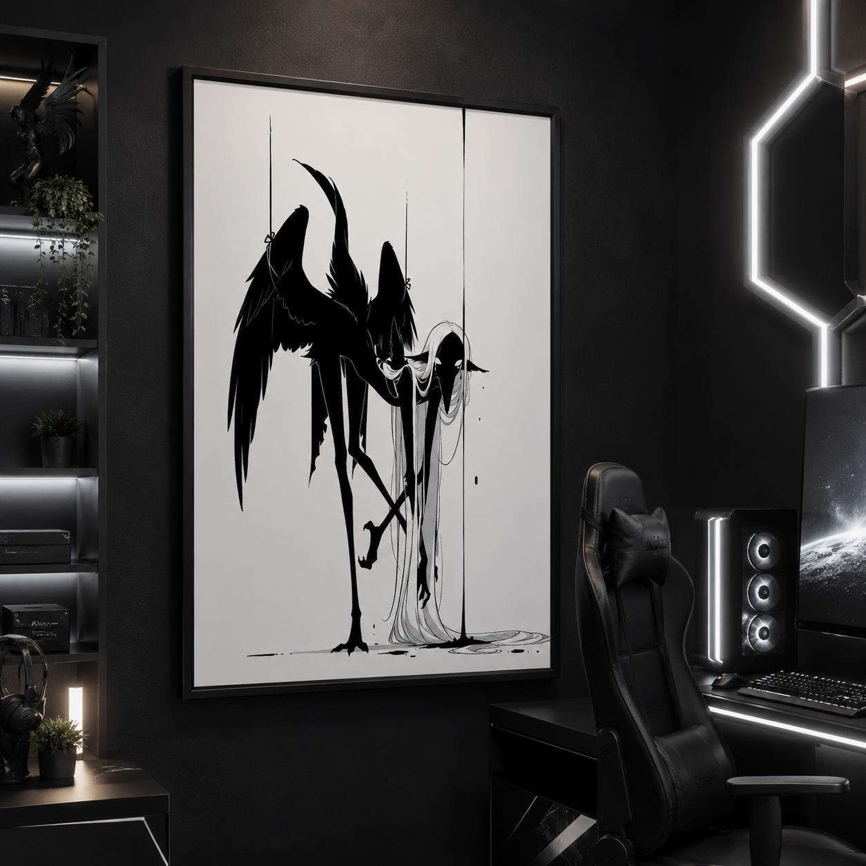 Affiche dark fantasy Attendrie, grue anthropomorphe noir et blanc repliée tête basse jambes croisées, ailes retenues par des fils, collection Les silences qu'on porte