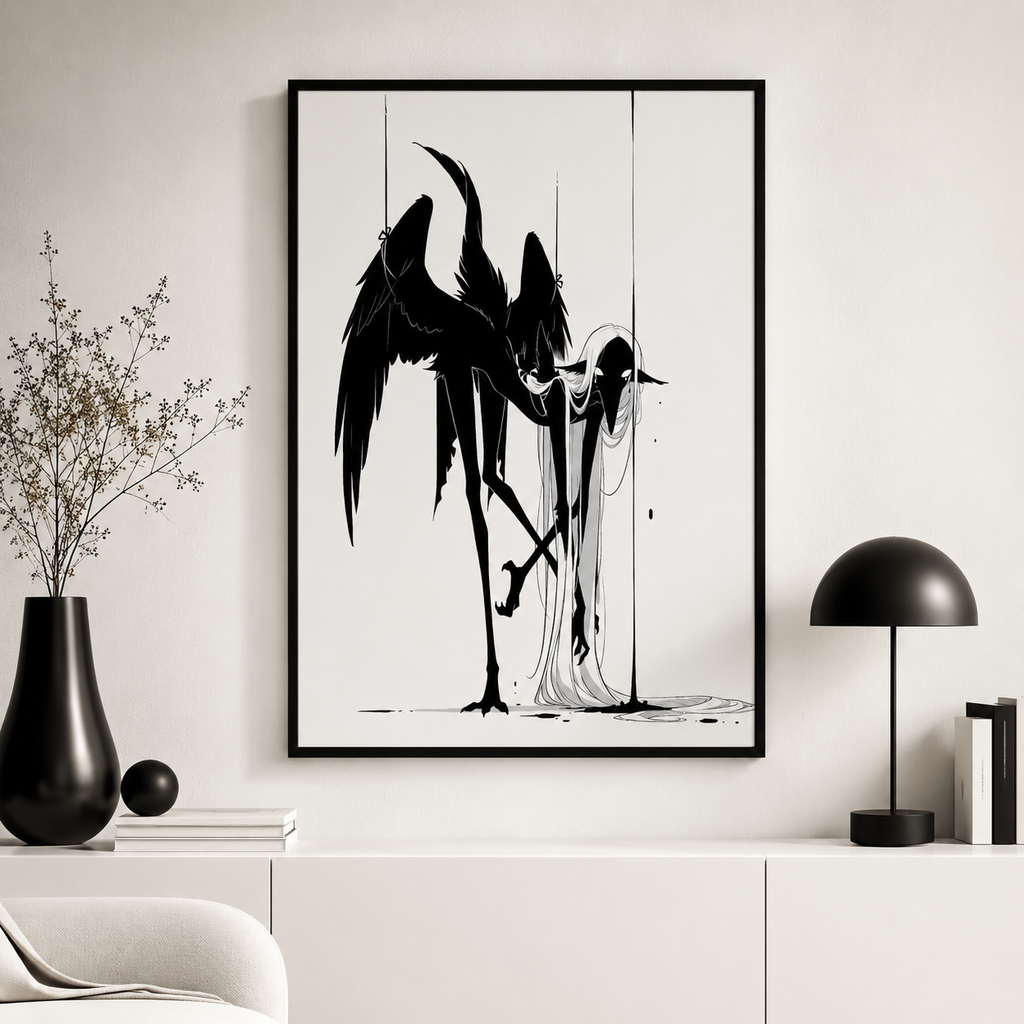 Affiche dark fantasy Attendrie, grue anthropomorphe noir et blanc repliée tête basse jambes croisées, ailes retenues par des fils, collection Les silences qu'on porte