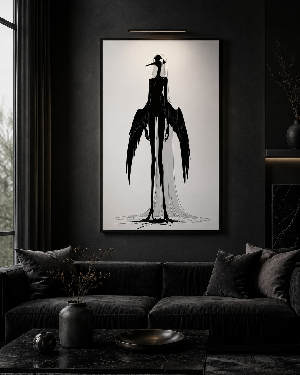 Affiche dark fantasy Attendrie, grue anthropomorphe noir et blanc debout ailes horizontales, encre ruisselant sur toute la silhouette, collection Les silences qu'on porte