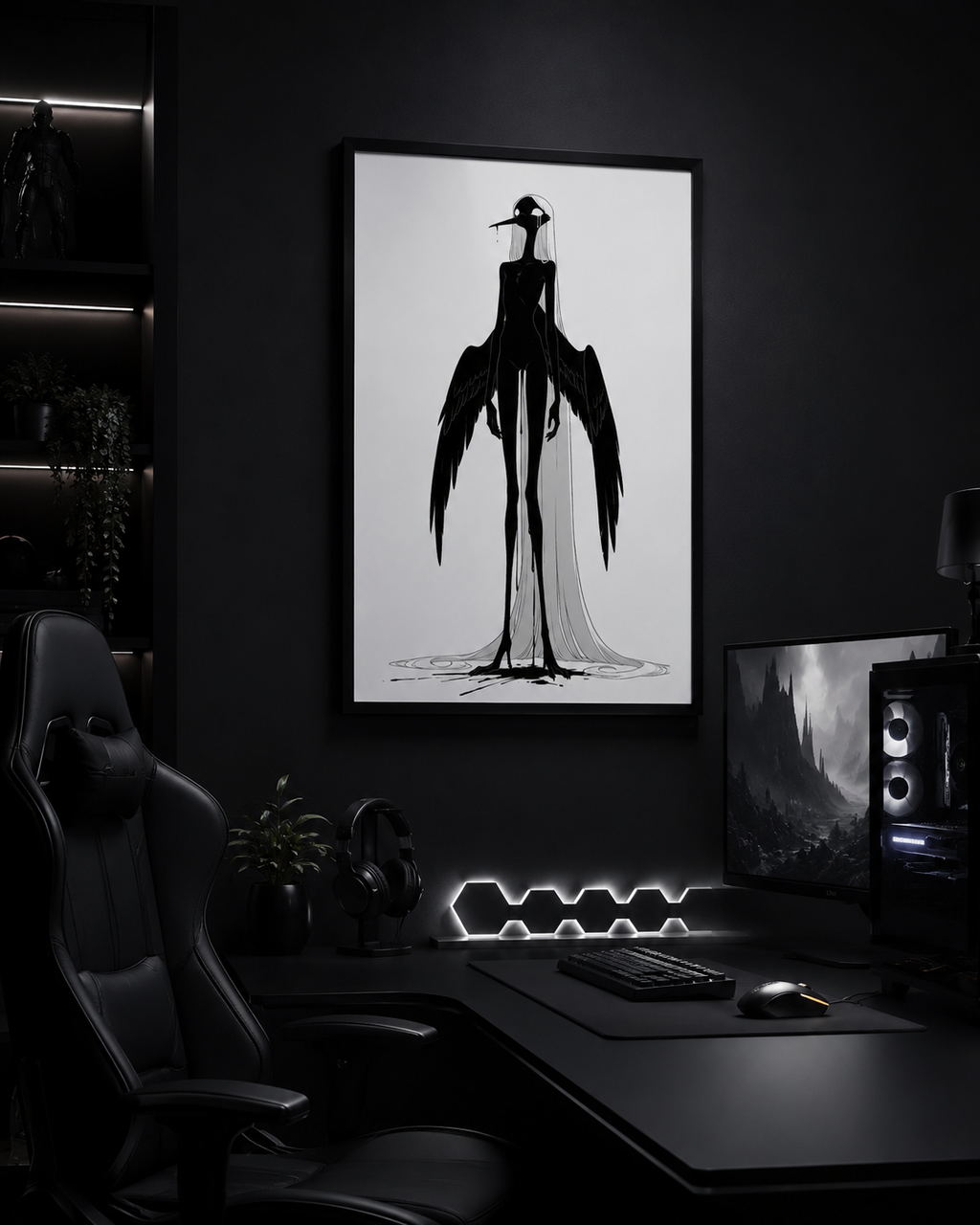 Affiche dark fantasy Attendrie, grue anthropomorphe noir et blanc debout ailes horizontales, encre ruisselant sur toute la silhouette, collection Les silences qu'on porte