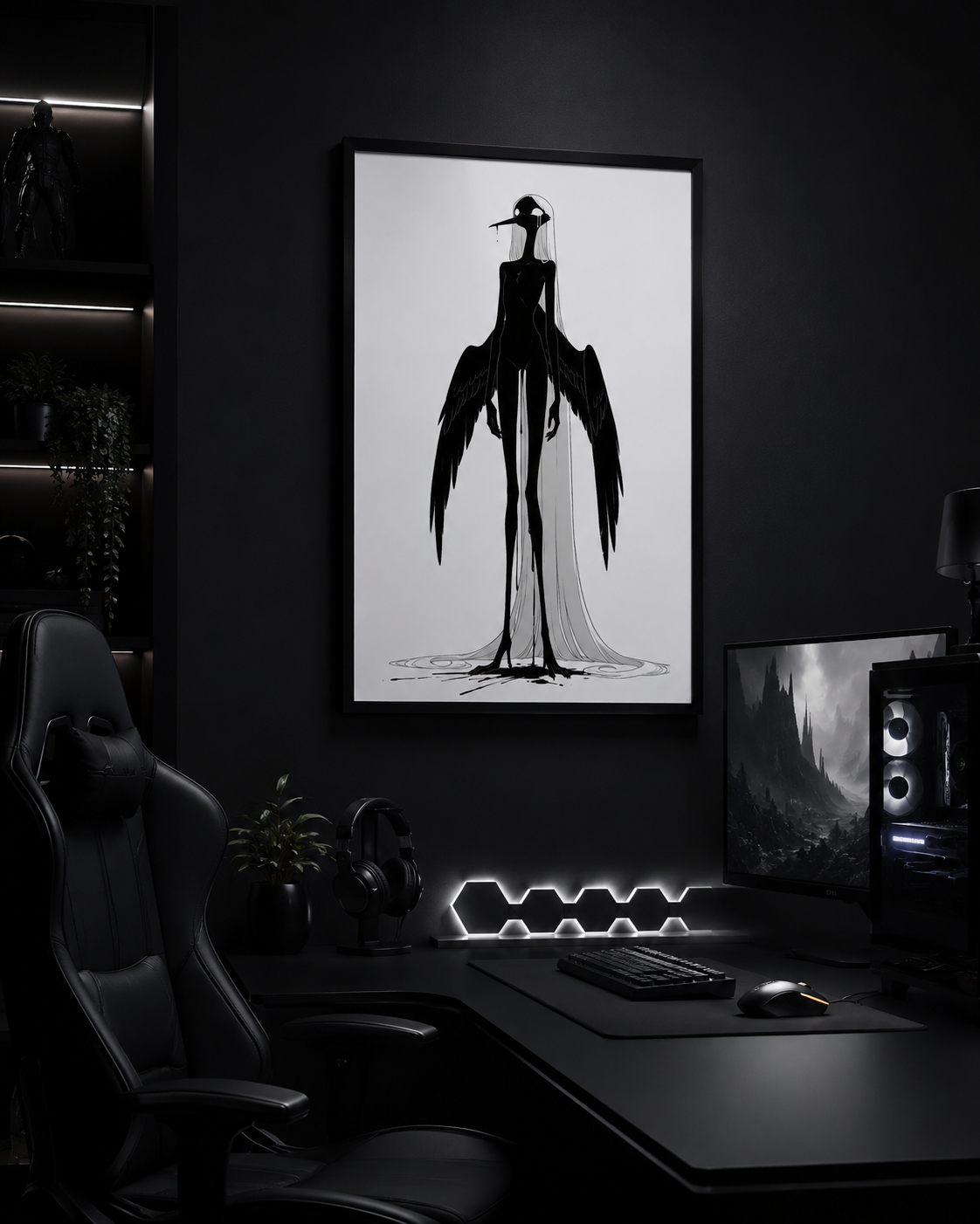Affiche dark fantasy Attendrie, grue anthropomorphe noir et blanc debout ailes horizontales, encre ruisselant sur toute la silhouette, collection Les silences qu'on porte