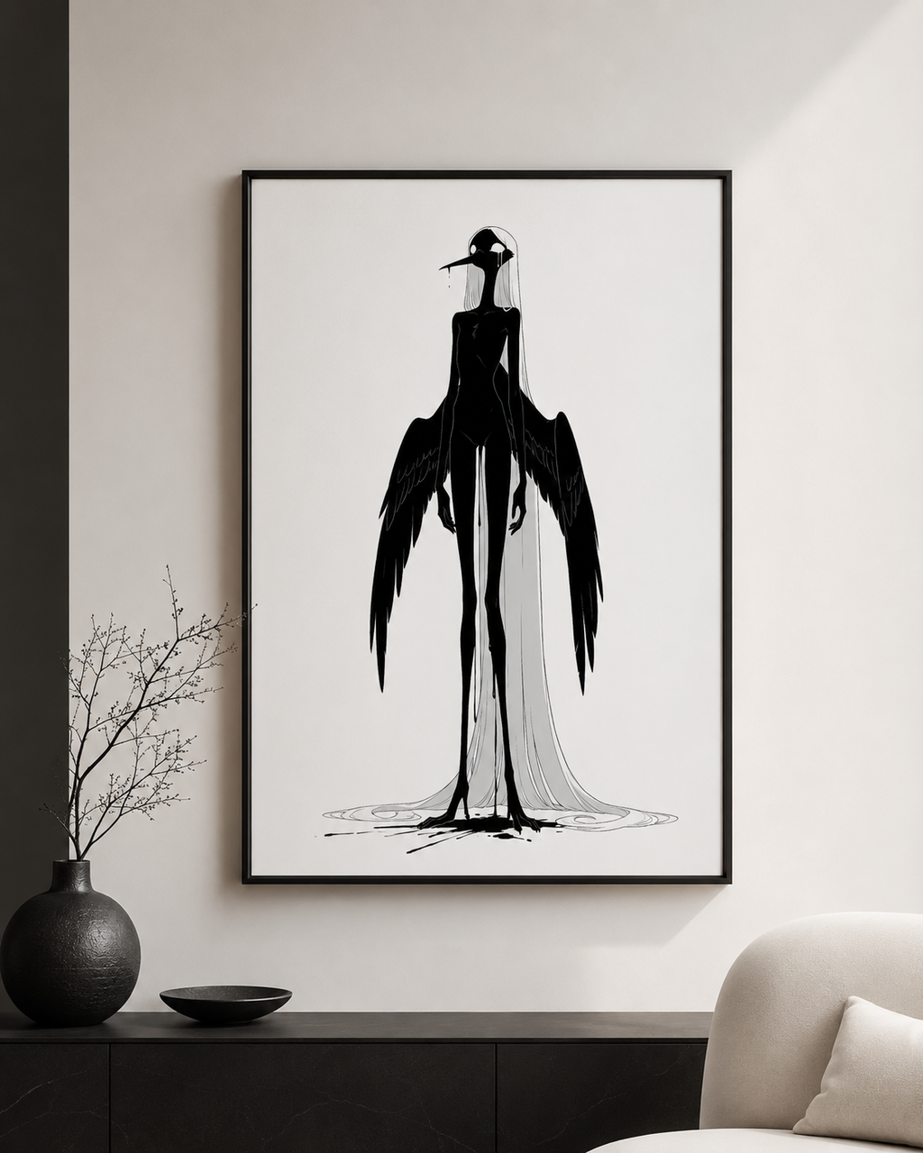 Affiche dark fantasy Attendrie, grue anthropomorphe noir et blanc debout ailes horizontales, encre ruisselant sur toute la silhouette, collection Les silences qu'on porte