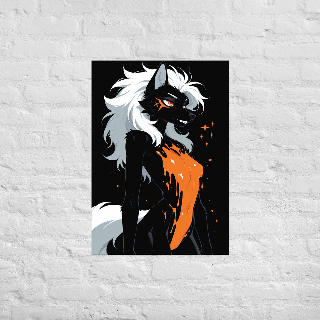 Poster dark fantasy Ambre, louve anthropomorphe noire, croc visible, croix orange griffée sous l'œil, ambre coulant – affiche encadrée au format A1