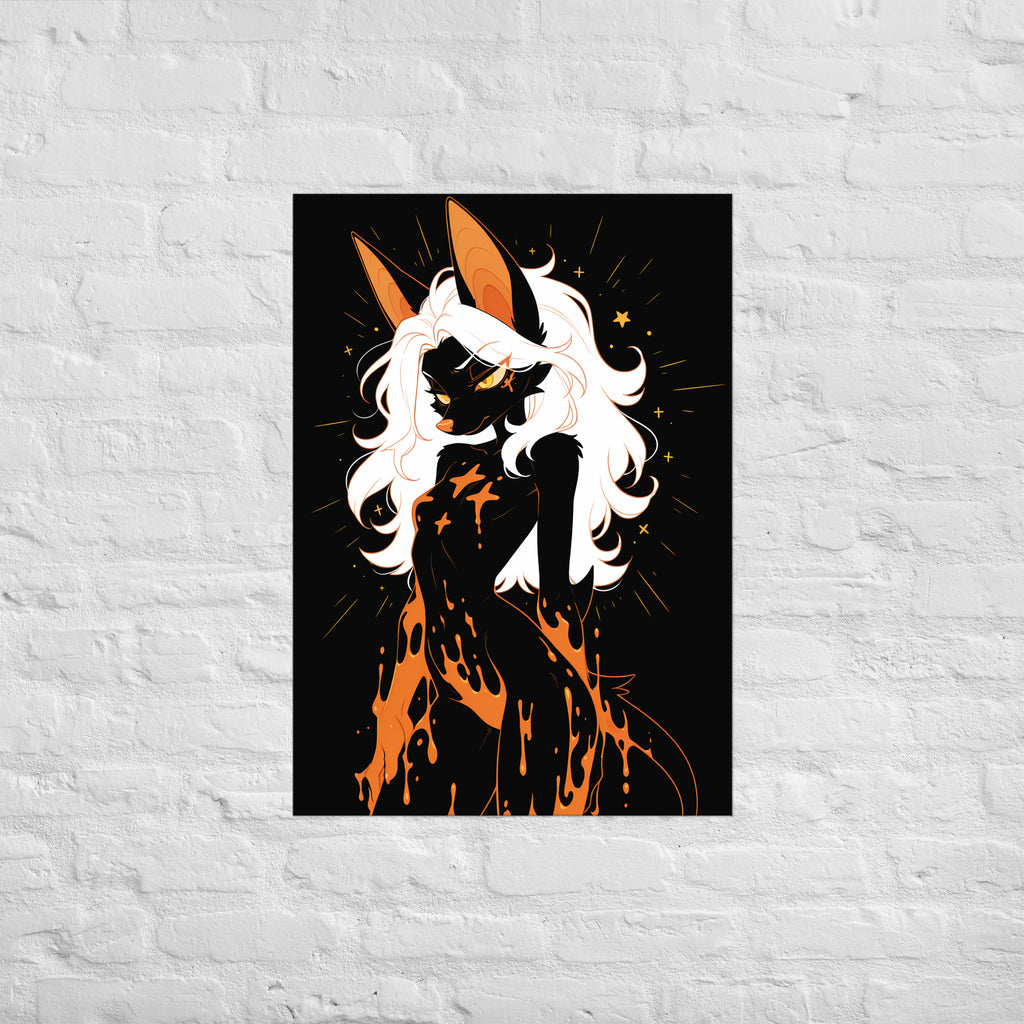Poster dark fantasy Vespera, chauve-souris anthropomorphe noire, braise coulant lentement des épaules aux hanches – affiche encadrée au format A1
