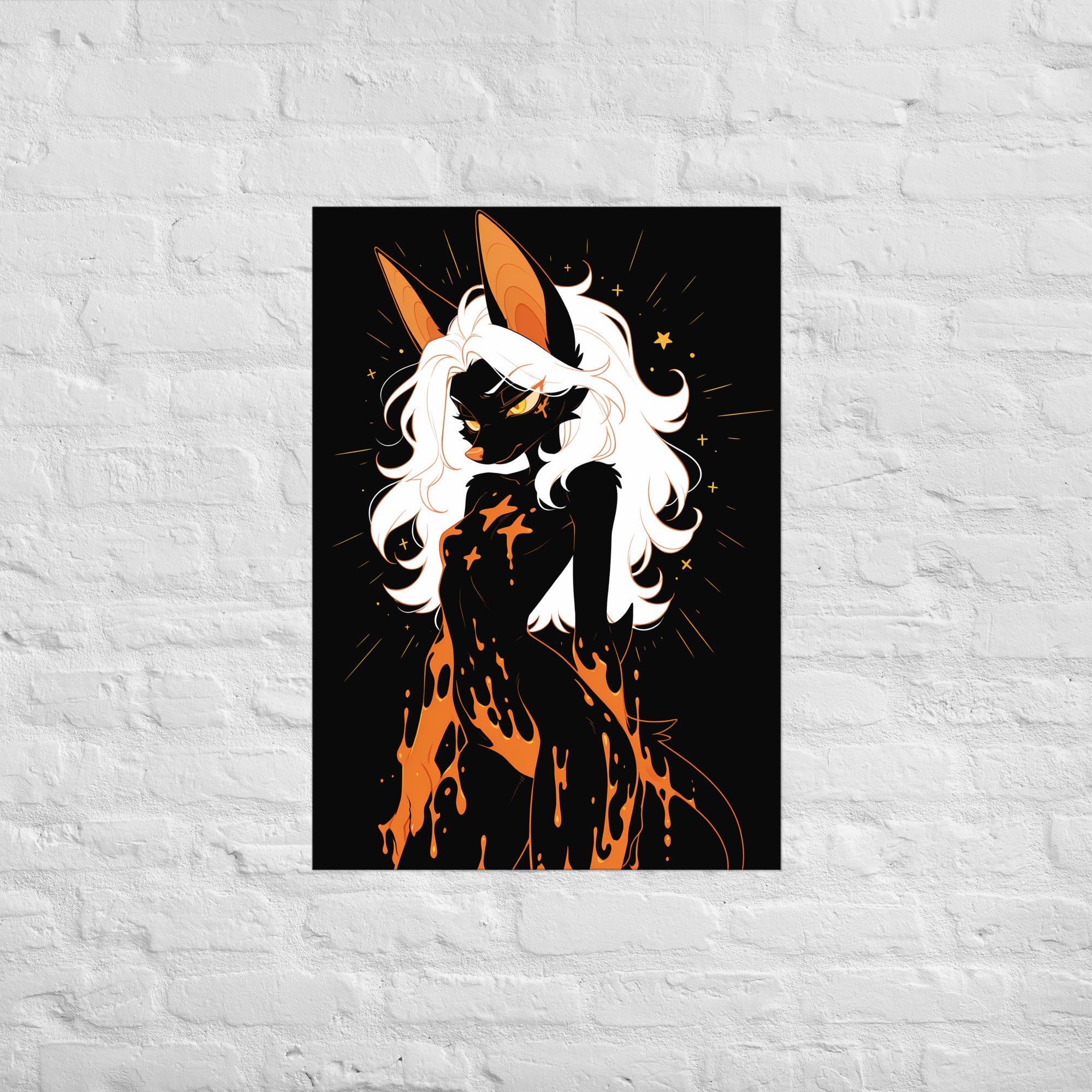 Poster dark fantasy Vespera, chauve-souris anthropomorphe noire, braise coulant lentement des épaules aux hanches – affiche encadrée au format A1