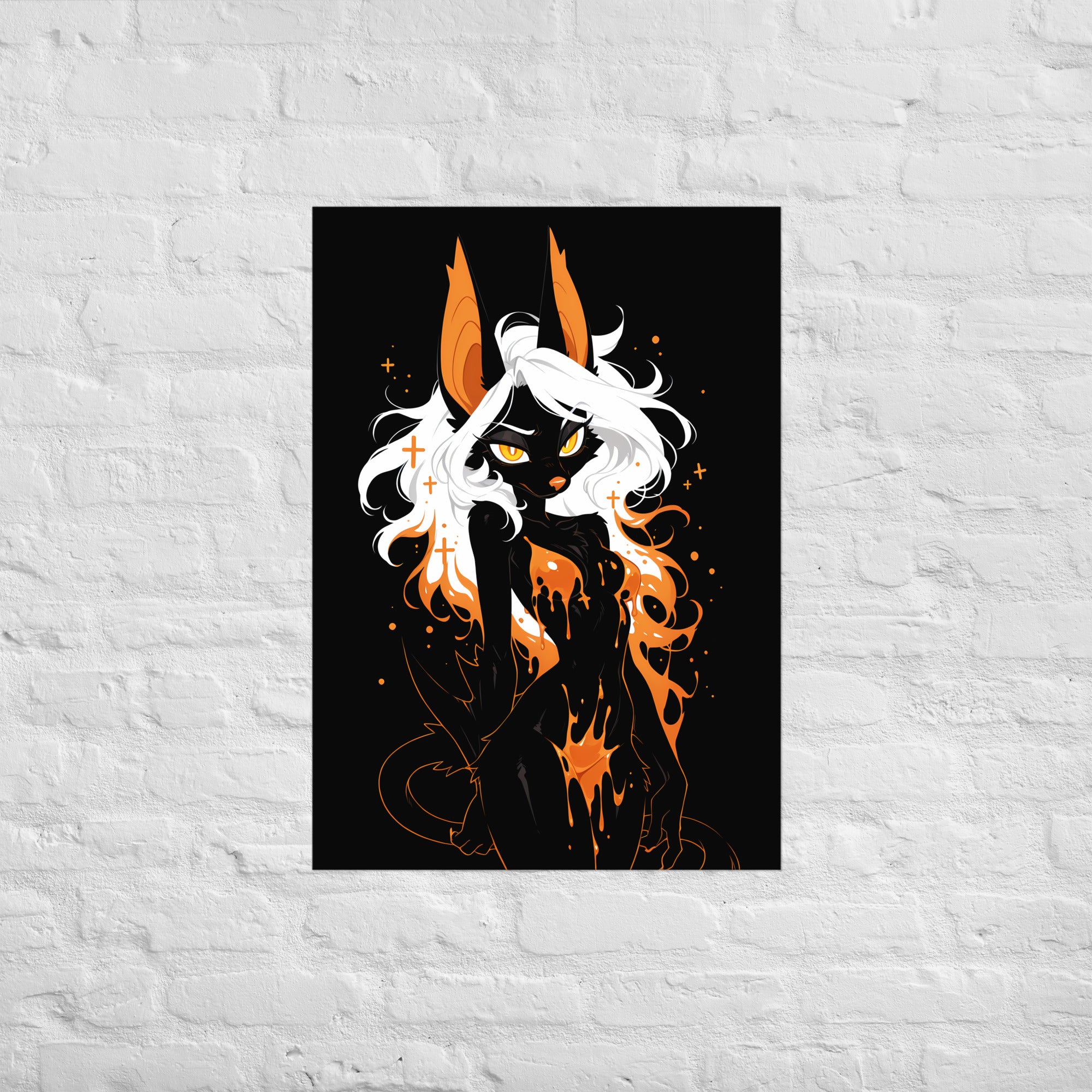 Poster dark fantasy Vespera, chauve-souris anthropomorphe noire, regard frontal, petites croix orange dans la crinière – affiche encadrée au format A1