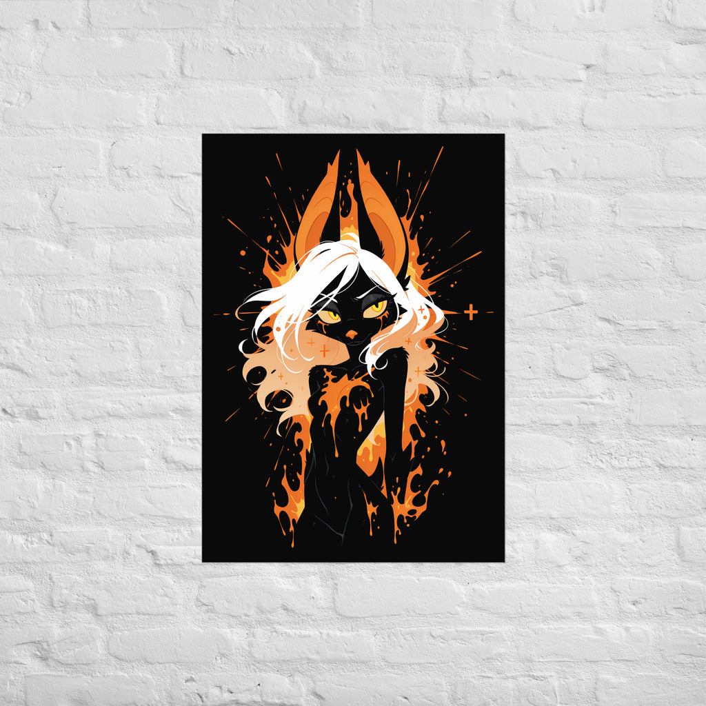 Poster dark fantasy Vespera, chauve-souris anthropomorphe noire au centre d'une explosion de braises orange – affiche encadrée au format A1