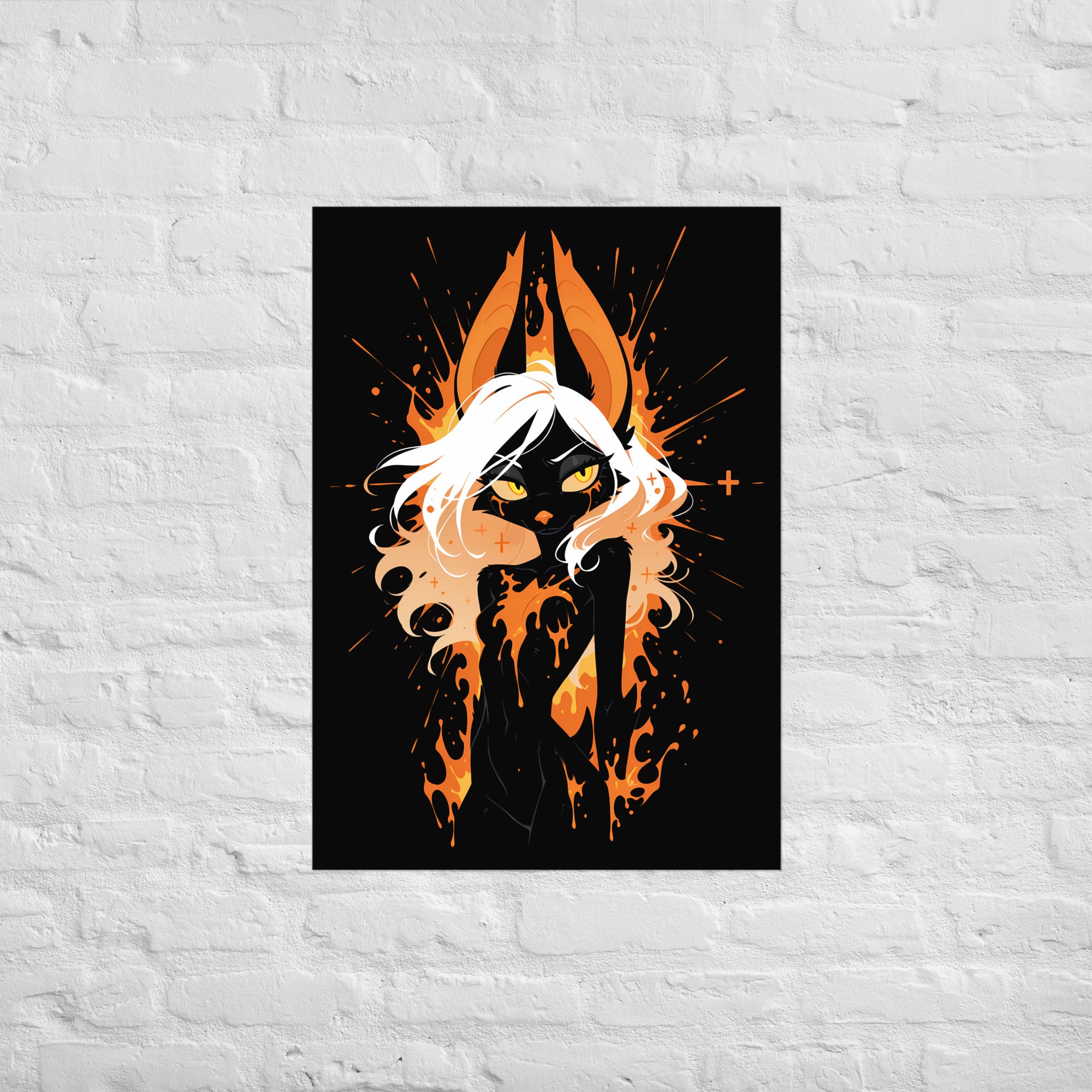 Poster dark fantasy Vespera, chauve-souris anthropomorphe noire au centre d'une explosion de braises orange – affiche encadrée au format A1