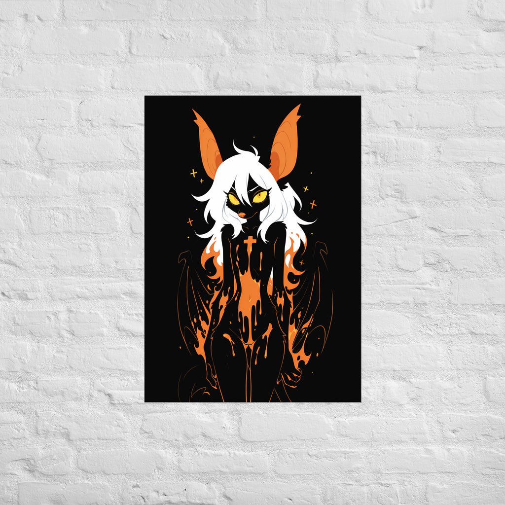 Poster dark fantasy Vespera, chauve-souris anthropomorphe noire, ailes membraneuses ouvertes, croix de braise sur le torse – affiche encadrée au format A1