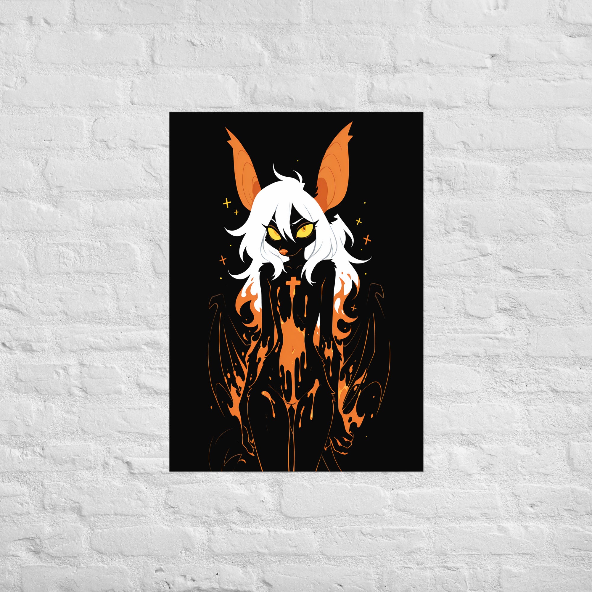 Poster dark fantasy Vespera, chauve-souris anthropomorphe noire, ailes membraneuses ouvertes, croix de braise sur le torse – affiche encadrée au format A1