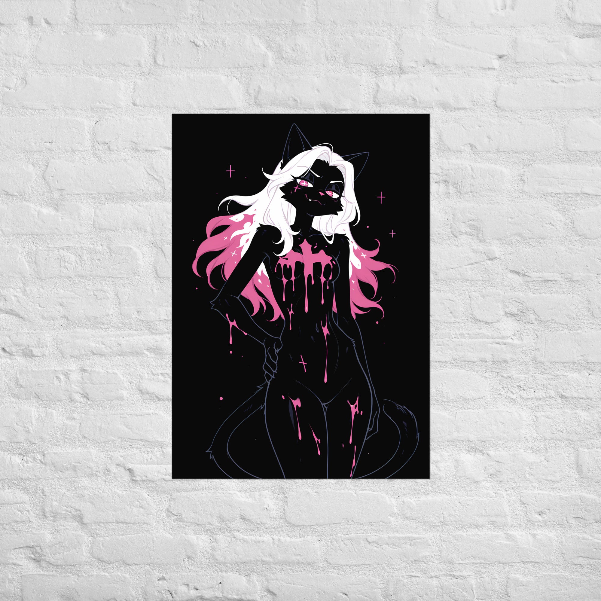 Poster dark fantasy Belladone, chatte anthropomorphe noire, pluie de poison rose, mèches roses dans la crinière – affiche encadrée au format A1