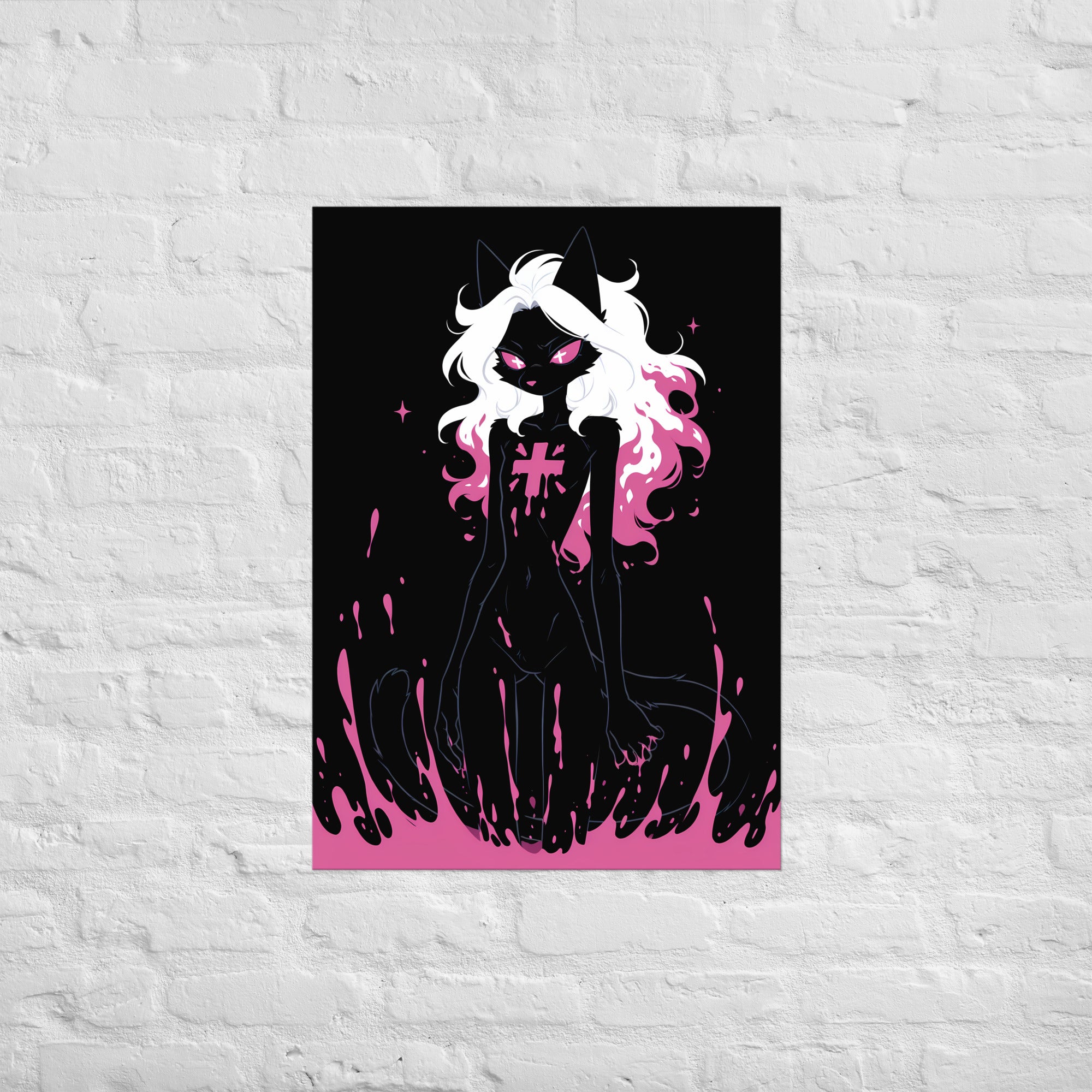 Poster dark fantasy Belladone, chatte anthropomorphe noire agenouillée, marée de poison rose montant sur les jambes – affiche encadrée au format A1