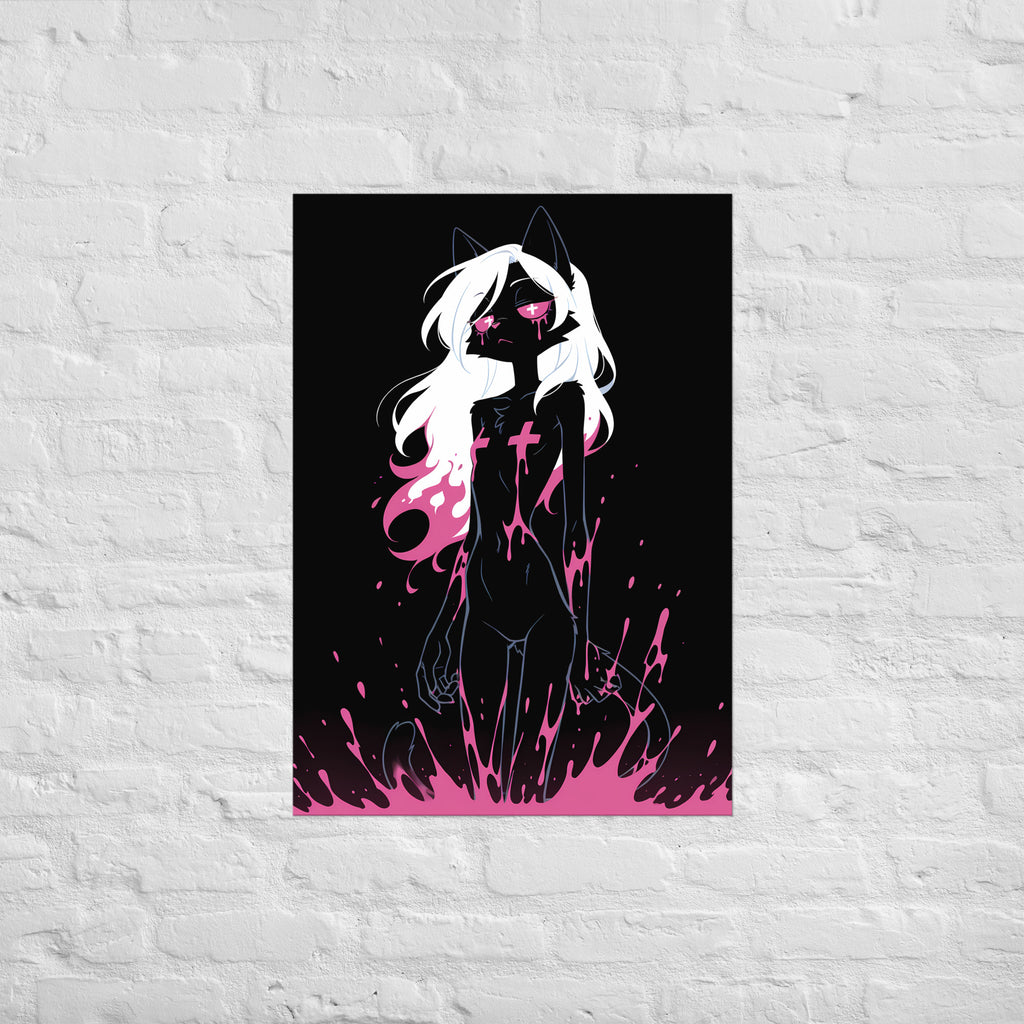 Poster dark fantasy Belladone, chatte anthropomorphe noire, larmes de poison rose, bras pendants, croix verticales – affiche encadrée au format A1