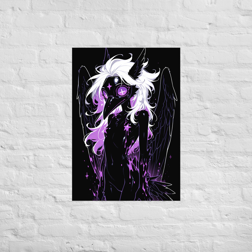 Poster dark fantasy Sibylle, corbeau anthropomorphe noir, ailes largement déployées, masque à bec, œil violet – affiche encadrée au format A1