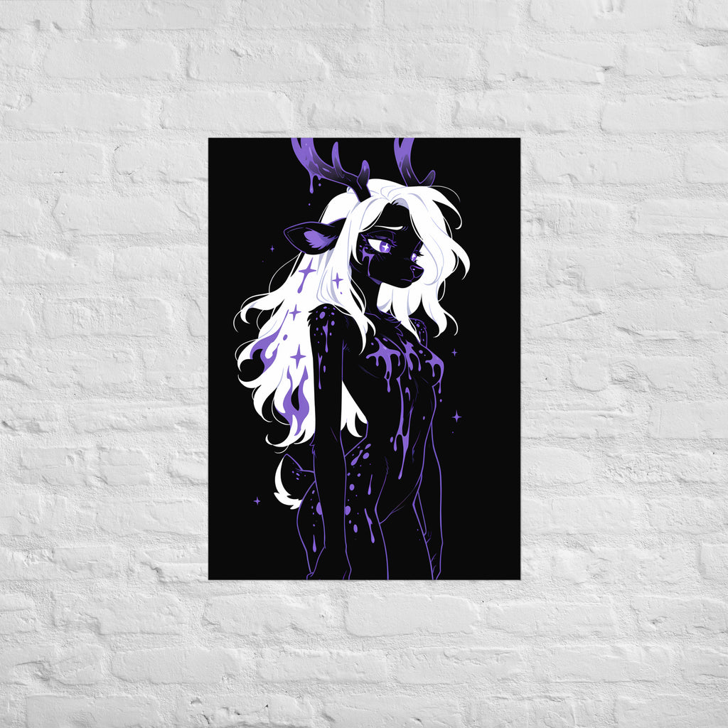 Poster dark fantasy Améthia, biche anthropomorphe noire, pupille en forme d'étoile, torse recouvert de poison violet – affiche encadrée au format A1
