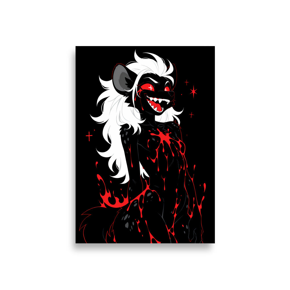 Poster dark fantasy Strige, hyène anthropomorphe noire, sourire sanglant aux crocs visibles, large tache de sang sur la poitrine – affiche encadrée au format A1
