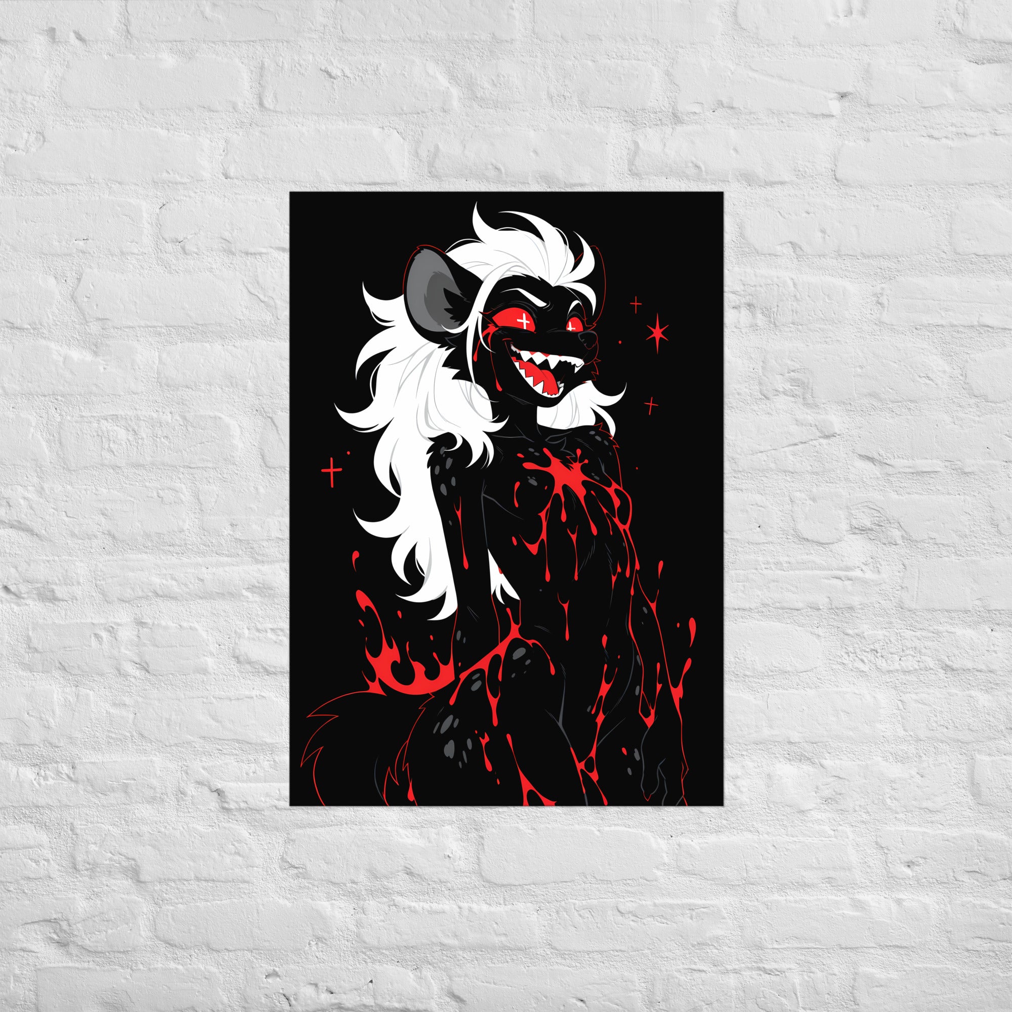 Poster dark fantasy Strige, hyène anthropomorphe noire, sourire sanglant aux crocs visibles, large tache de sang sur la poitrine – affiche encadrée au format A1