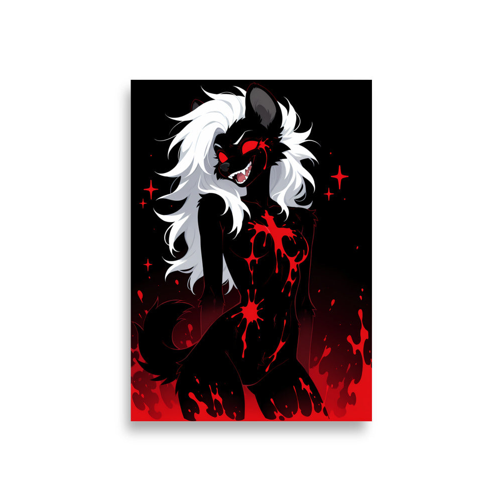 Poster dark fantasy Strige, hyène anthropomorphe noire accroupie, tache de sang en étoile sur la poitrine – affiche encadrée au format A1