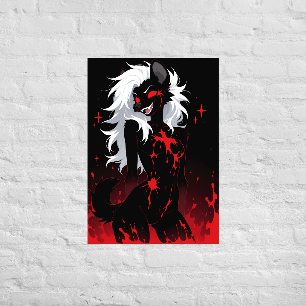 Poster dark fantasy Strige, hyène anthropomorphe noire accroupie, tache de sang en étoile sur la poitrine – affiche encadrée au format A1