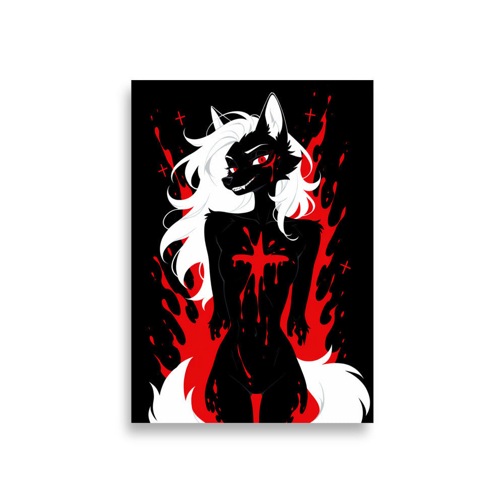 Poster dark fantasy Vermeille, louve anthropomorphe noire à la traînée de sang sous l'œil, encadrée de flammes rouges – affiche encadrée au format A1