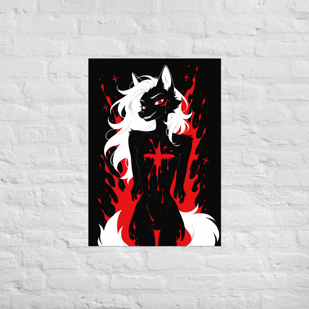 Poster dark fantasy Vermeille, louve anthropomorphe noire à la traînée de sang sous l'œil, encadrée de flammes rouges – affiche encadrée au format A1