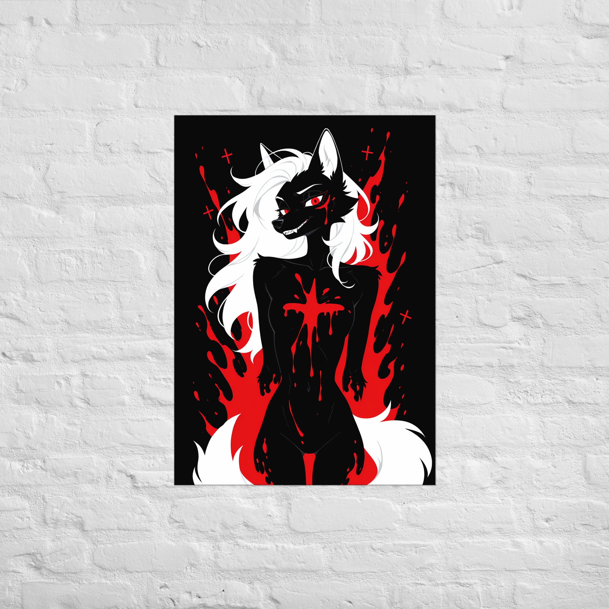 Poster dark fantasy Vermeille, louve anthropomorphe noire à la traînée de sang sous l'œil, encadrée de flammes rouges – affiche encadrée au format A1