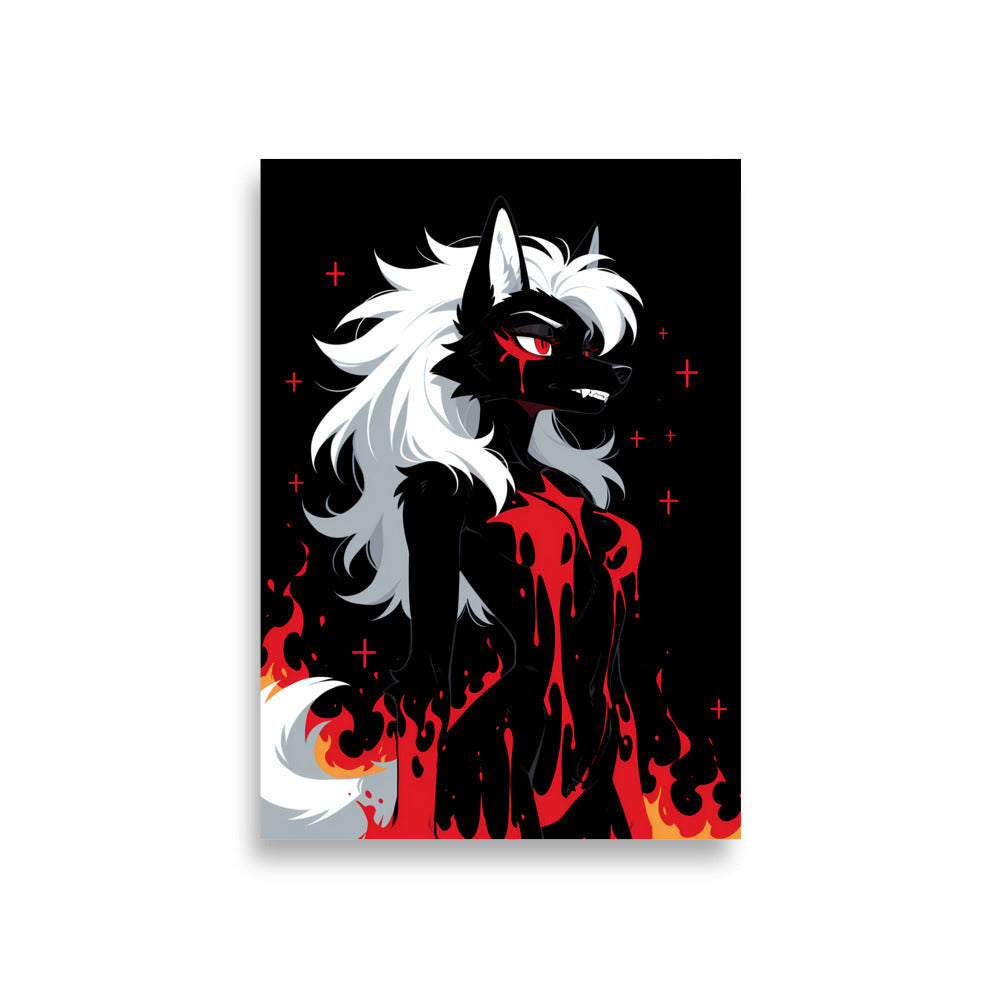 Poster dark fantasy Vermeille, louve anthropomorphe noire au sillage de sang jusqu'à la mâchoire, flammes orangées – affiche encadrée au format A1