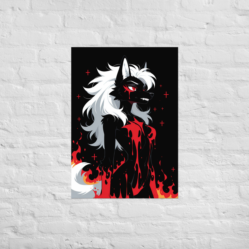 Poster dark fantasy Vermeille, louve anthropomorphe noire au sillage de sang jusqu'à la mâchoire, flammes orangées – affiche encadrée au format A1