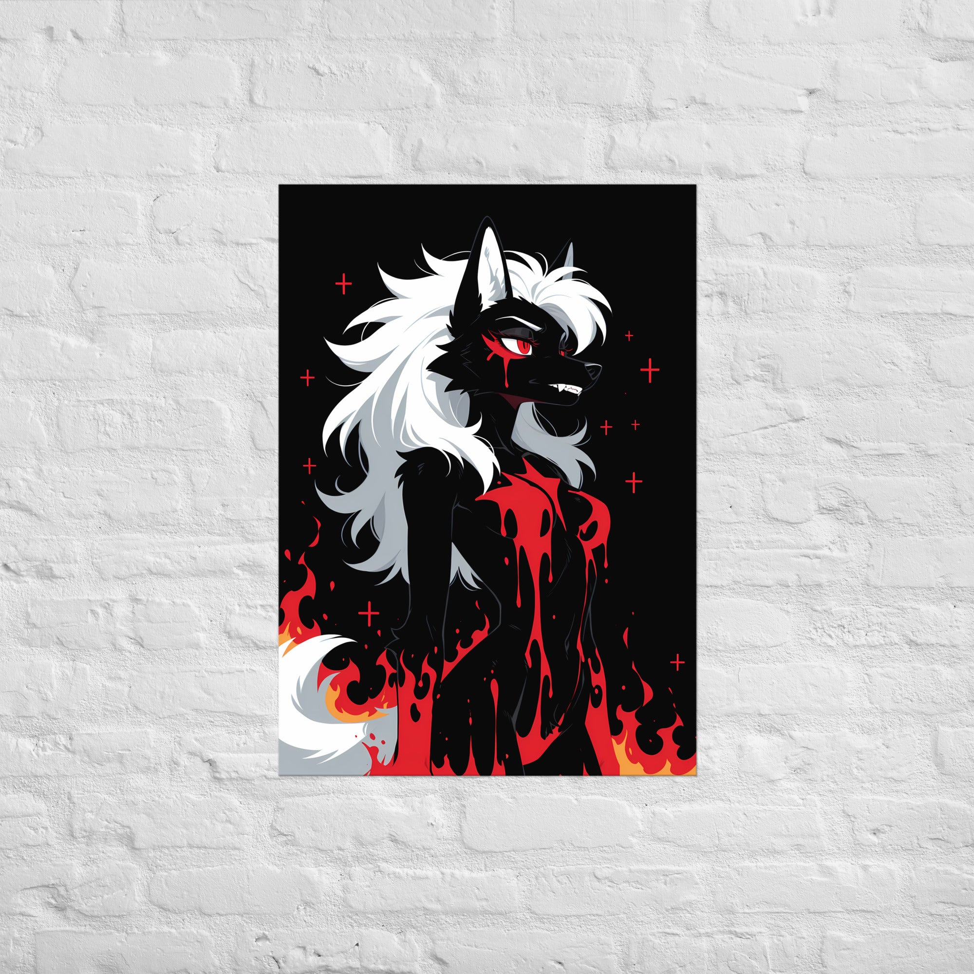 Poster dark fantasy Vermeille, louve anthropomorphe noire au sillage de sang jusqu'à la mâchoire, flammes orangées – affiche encadrée au format A1
