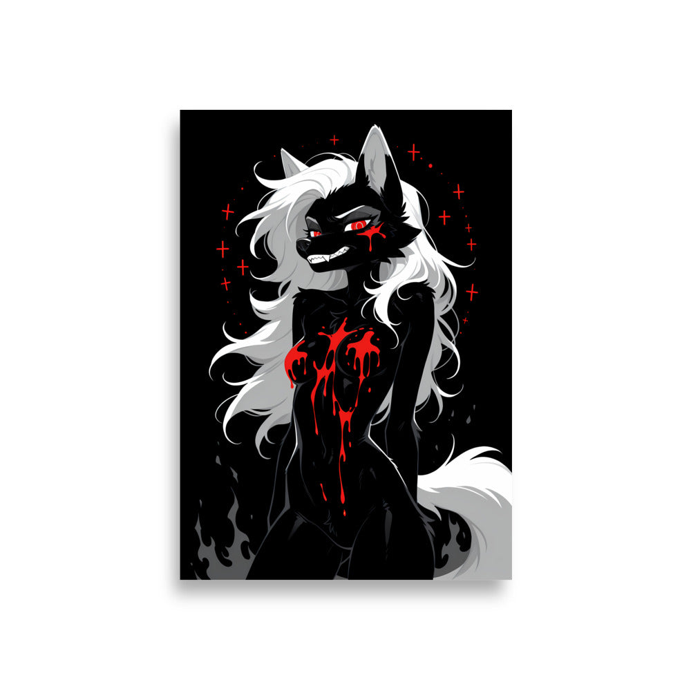 Poster dark fantasy Vermeille, louve anthropomorphe noire entourée d'un cercle de croix rouges, longue traînée de sang – affiche encadrée au format A1