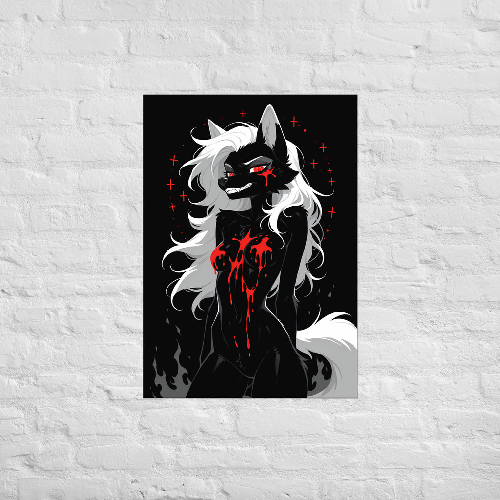 Poster dark fantasy Vermeille, louve anthropomorphe noire entourée d'un cercle de croix rouges, longue traînée de sang – affiche encadrée au format A1