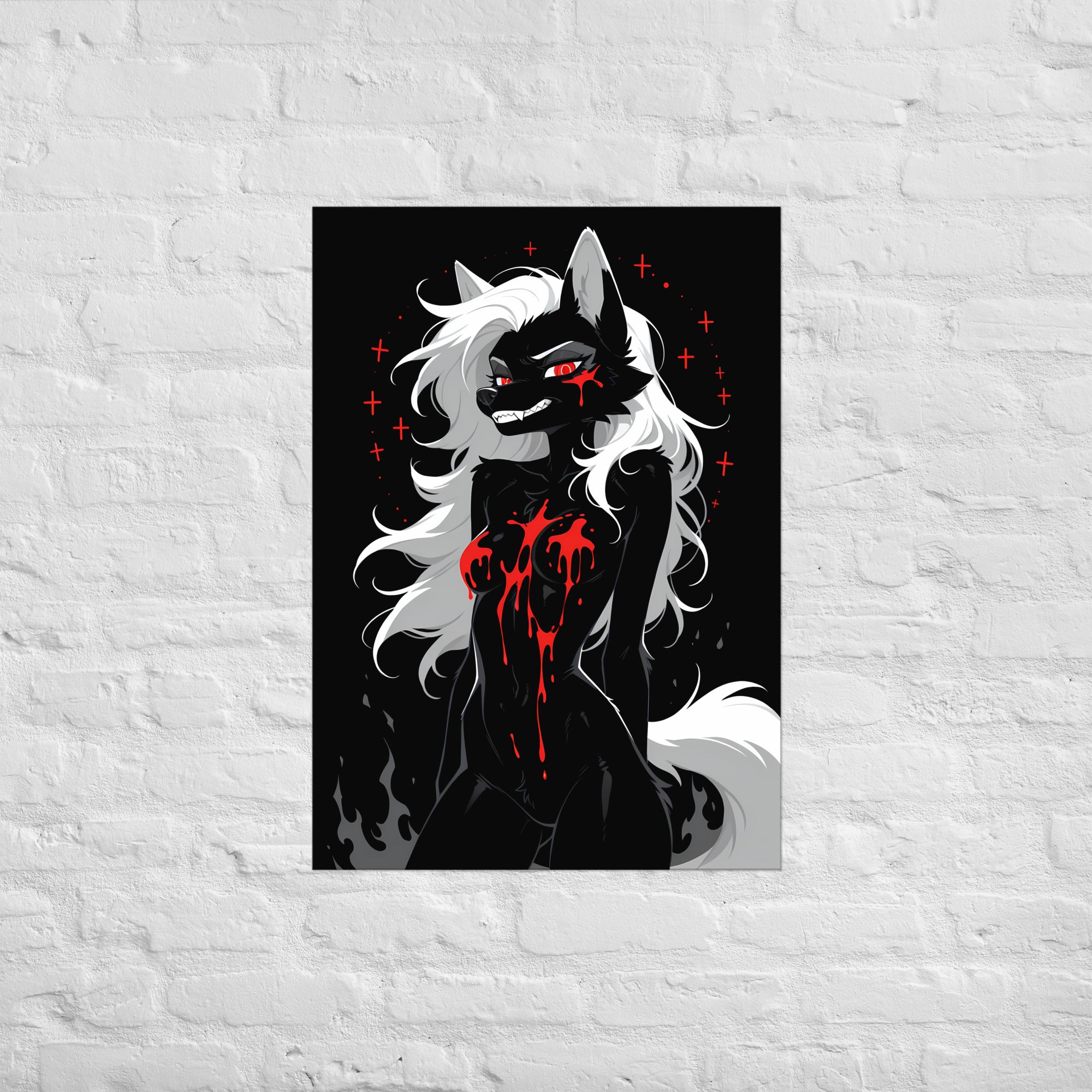 Poster dark fantasy Vermeille, louve anthropomorphe noire entourée d'un cercle de croix rouges, longue traînée de sang – affiche encadrée au format A1