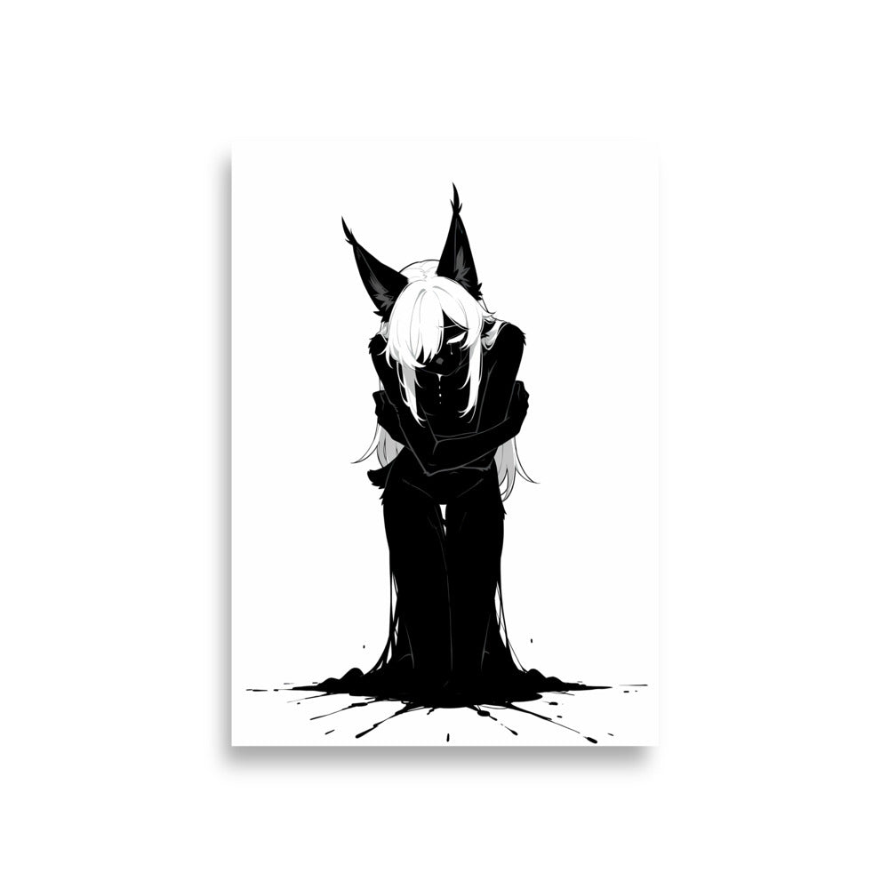 Affiche dark fantasy Lucidia, lynx anthropomorphe noir et blanc, bras croisés sur elle-même sous des oreilles dressées, collection Les silences qu'on porte – format A1