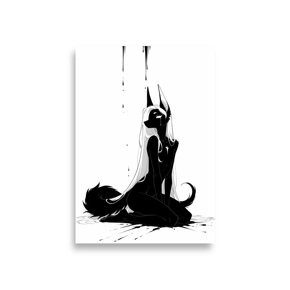 Affiche dark fantasy Limène, chacal anthropomorphe noir et blanc agenouillé les yeux clos, une larme sur le masque noir, collection Les silences qu'on porte – format A1