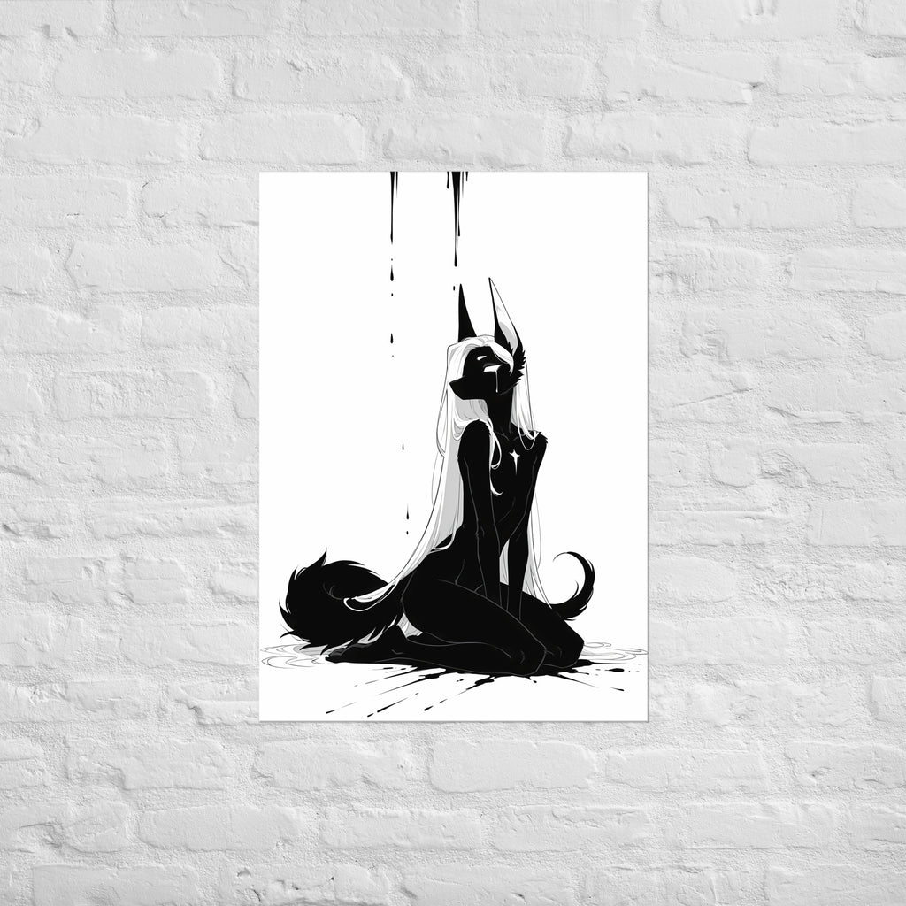 Affiche dark fantasy Limène, chacal anthropomorphe noir et blanc agenouillé les yeux clos, une larme sur le masque noir, collection Les silences qu'on porte – format A1