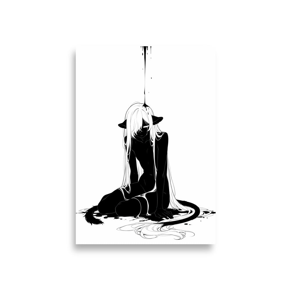 Affiche dark fantasy Ternelle, lionne anthropomorphe noir et blanc effondrée à genoux, tête basse, cheveux blancs au sol, collection Les silences qu'on porte – format A1