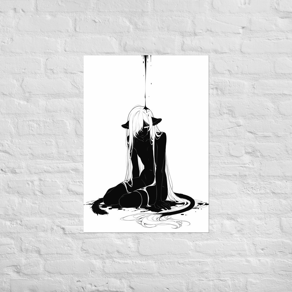 Affiche dark fantasy Ternelle, lionne anthropomorphe noir et blanc effondrée à genoux, tête basse, cheveux blancs au sol, collection Les silences qu'on porte – format A1