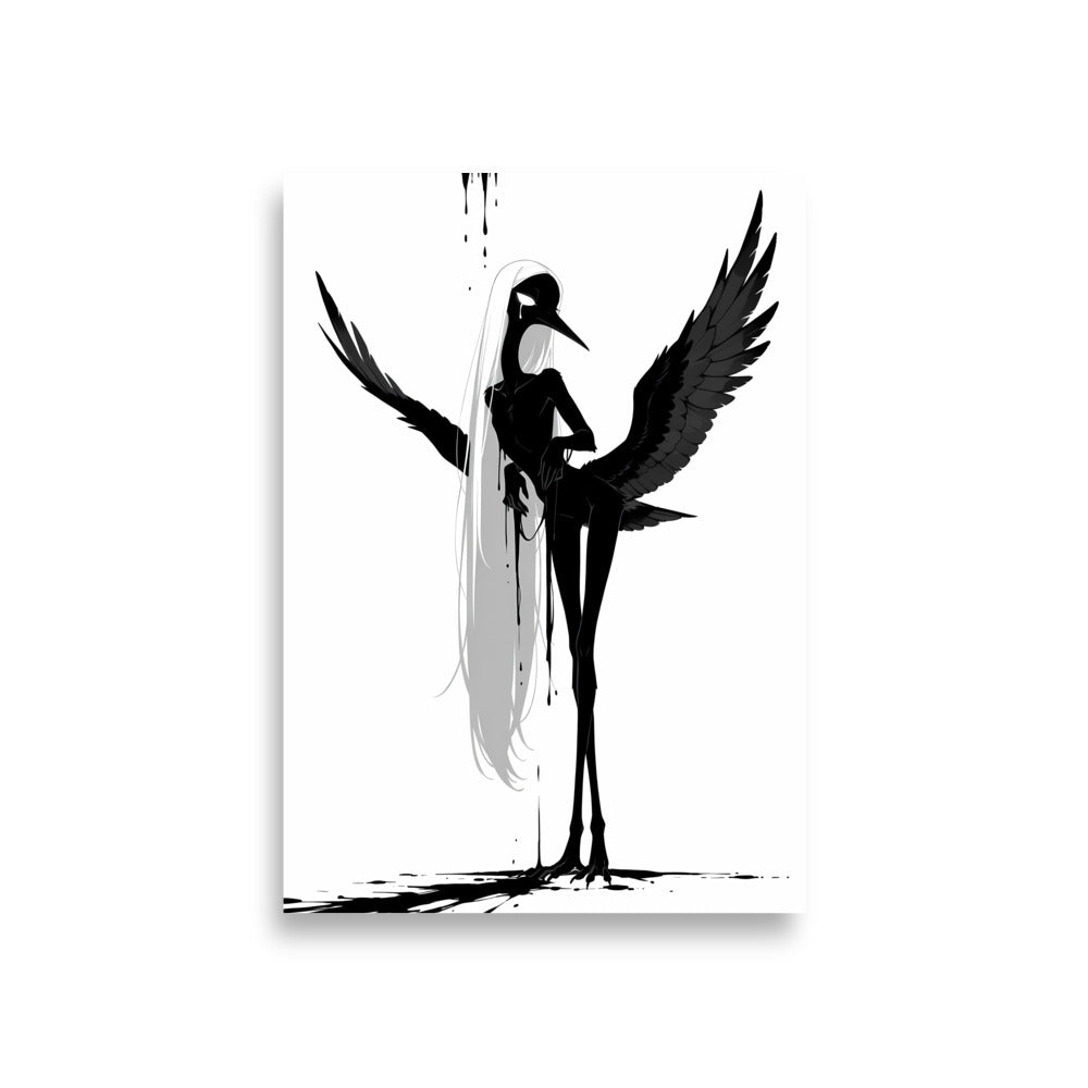 Affiche dark fantasy Attendrie, grue anthropomorphe noir et blanc, aile grande ouverte vers le ciel, regard de profil, collection Les silences qu'on porte – format A1