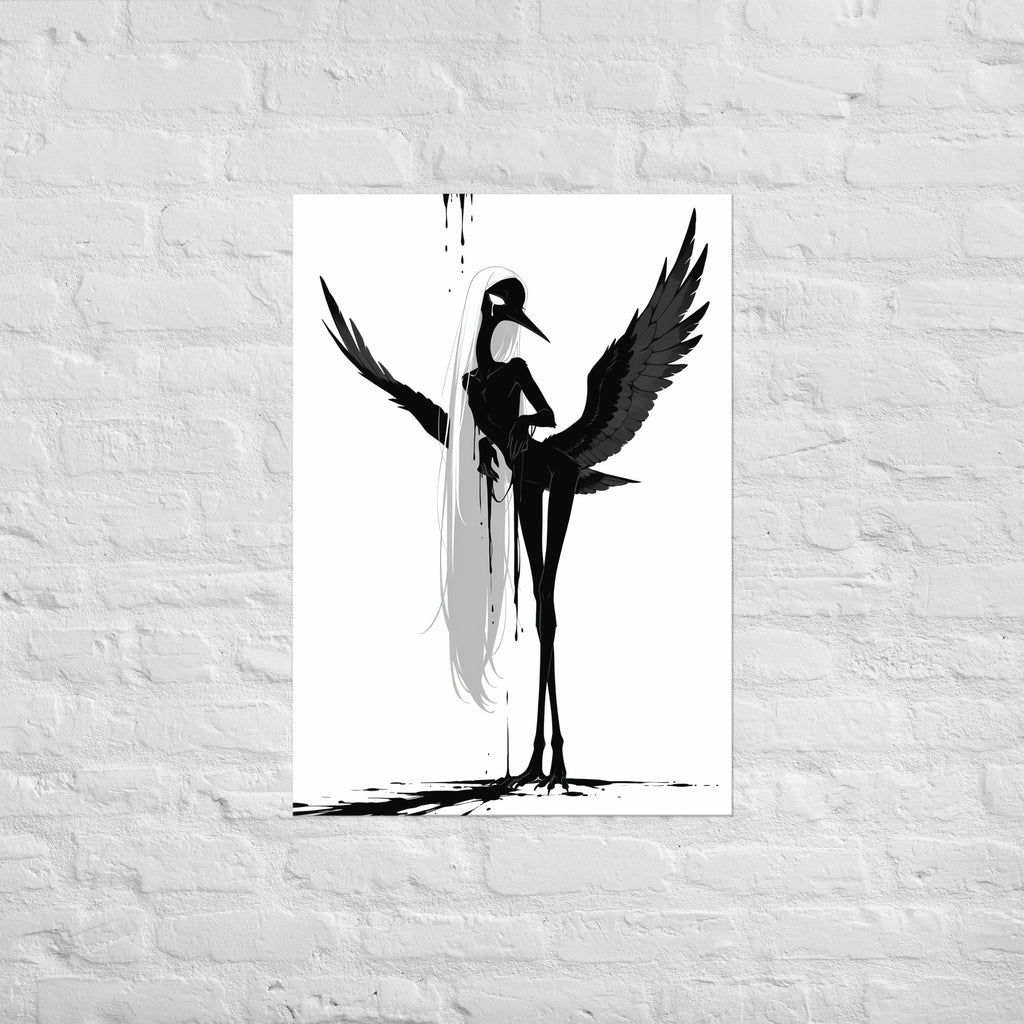 Affiche dark fantasy Attendrie, grue anthropomorphe noir et blanc, aile grande ouverte vers le ciel, regard de profil, collection Les silences qu'on porte – format A1