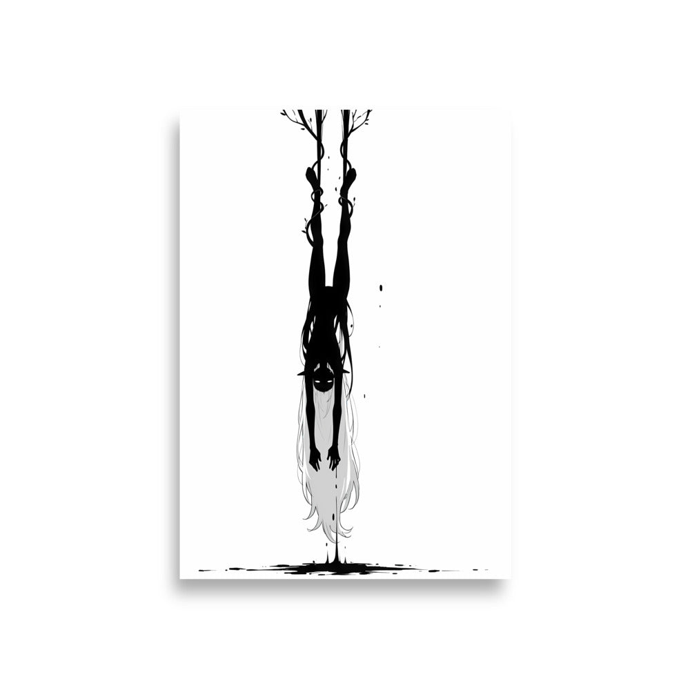 Affiche dark fantasy Abyssia, pieuvre anthropomorphe noir et blanc suspendue tête en bas, chevilles prises dans des lianes, collection Les silences qu'on porte – format A1
