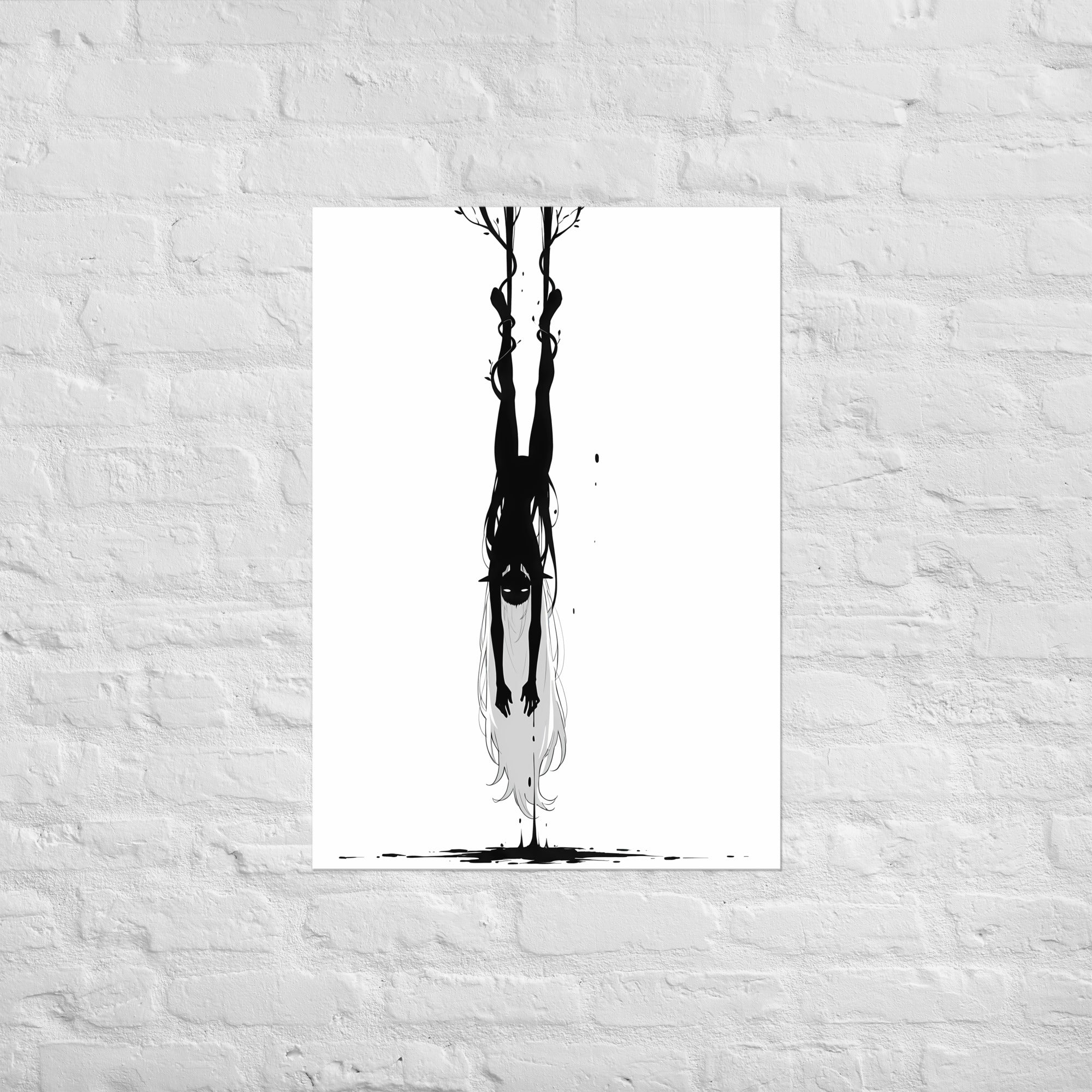 Affiche dark fantasy Abyssia, pieuvre anthropomorphe noir et blanc suspendue tête en bas, chevilles prises dans des lianes, collection Les silences qu'on porte – format A1