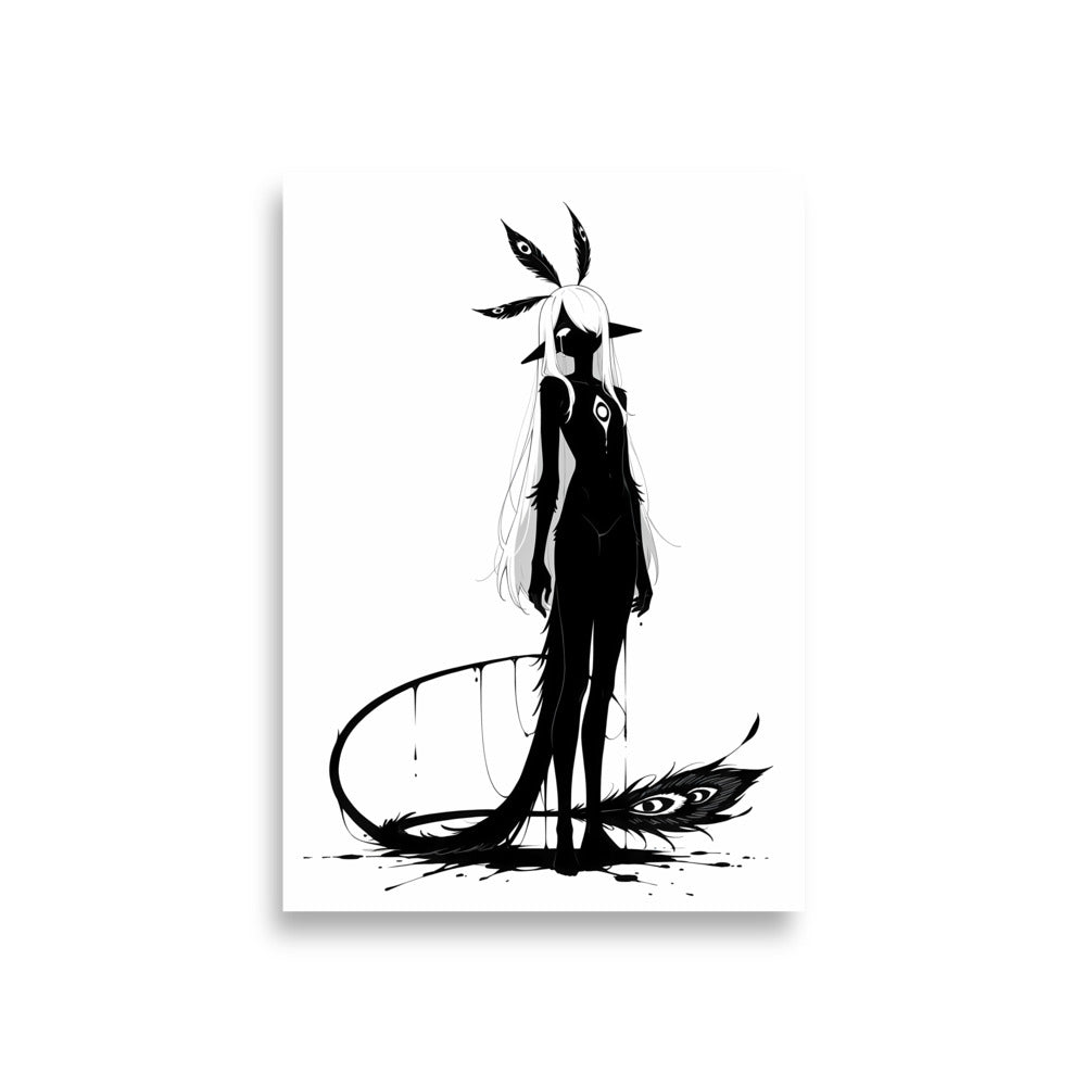 Affiche dark fantasy Pâlore, paon anthropomorphe noir et blanc, parure de plumes, larme et traine de plumes au sol, collection Les silences qu'on porte – format A1