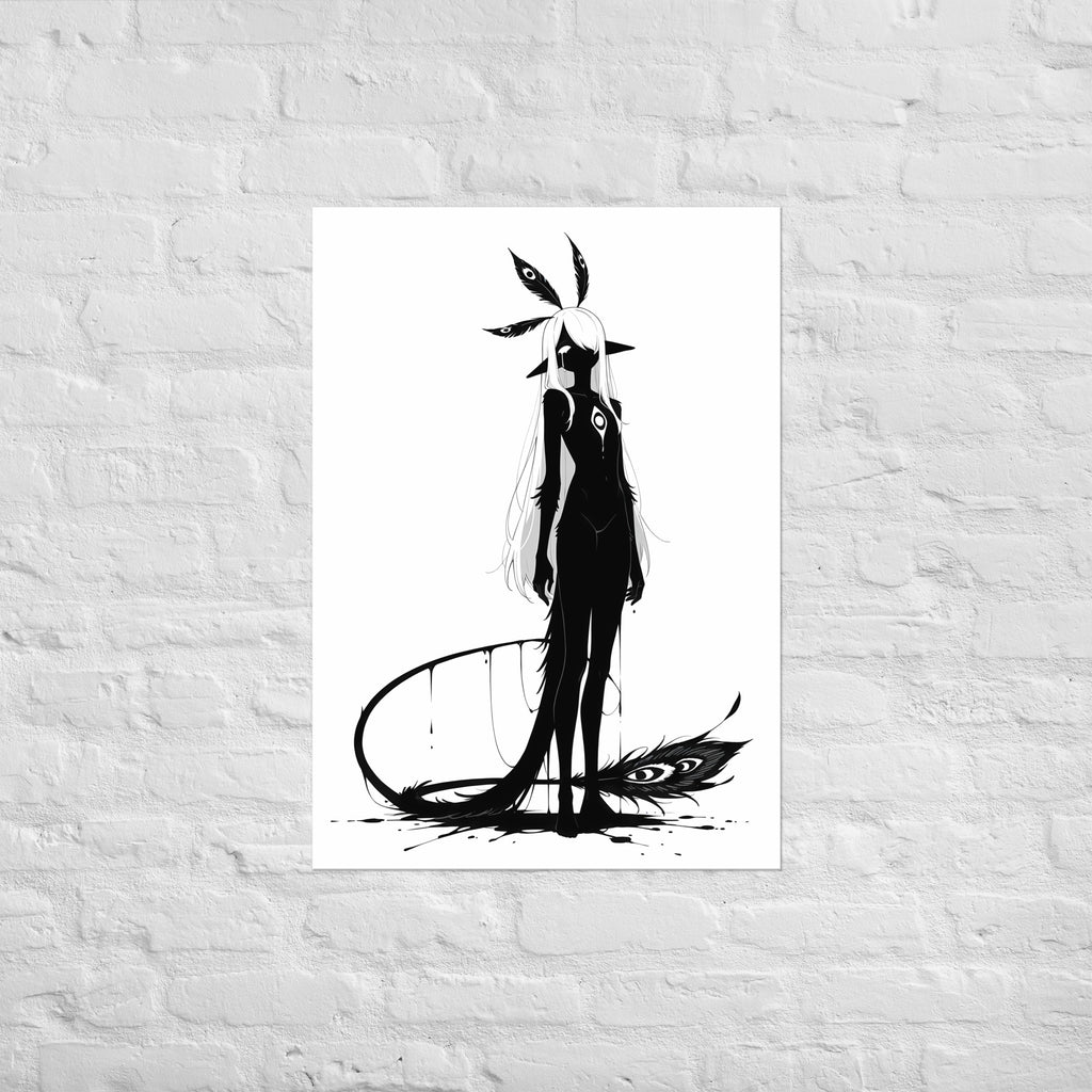 Affiche dark fantasy Pâlore, paon anthropomorphe noir et blanc, parure de plumes, larme et traine de plumes au sol, collection Les silences qu'on porte – format A1