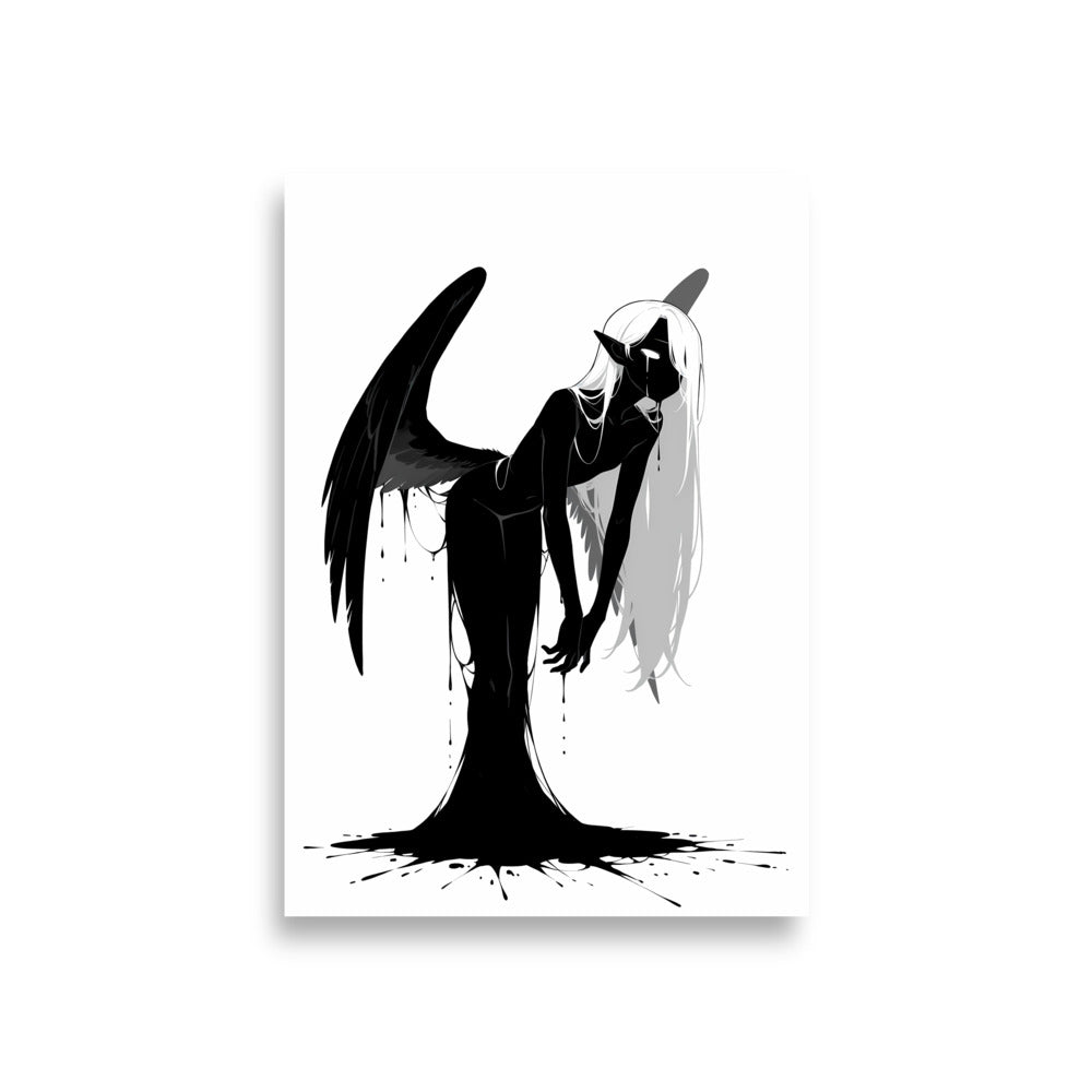 Affiche dark fantasy Adieva, cygne anthropomorphe noir et blanc, corps cambré en arrière, aile noire déployée, collection Les silences qu'on porte – format A1